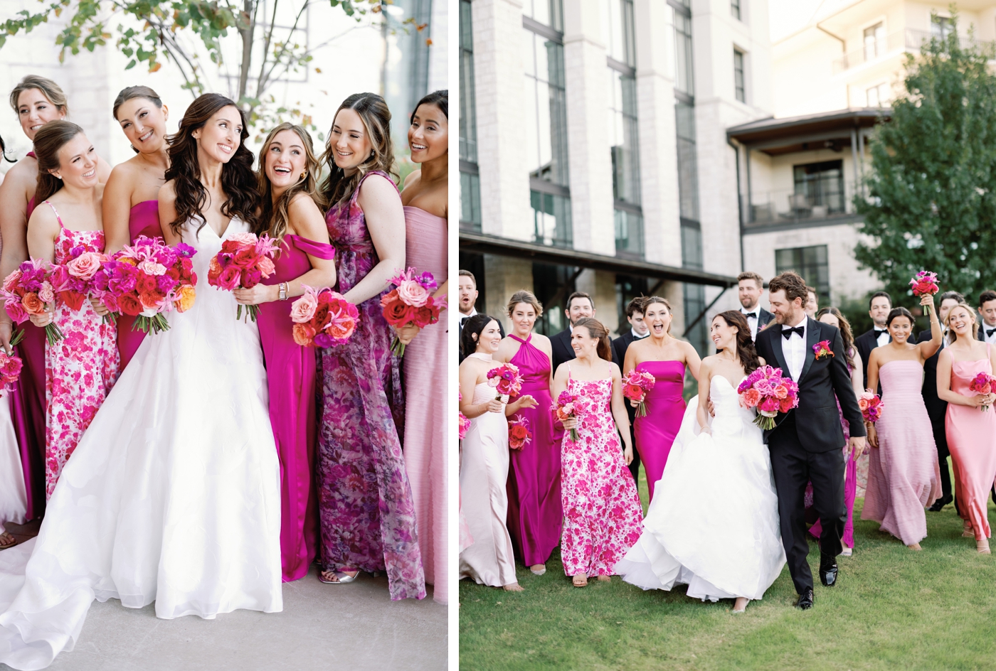 Bride and groom pictures at Omni Barton Creek, bridesmaids in pink gowns, bride holding a bouquet of pink and red flowers