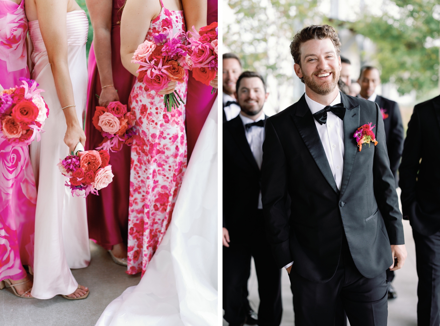 Detail of pink, red and floral patterned bridesmaids dresses