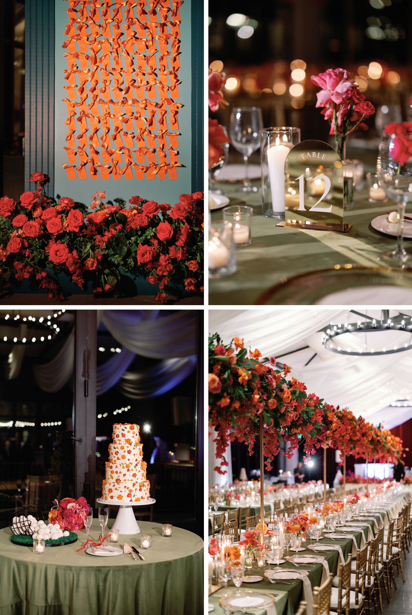 Orange and floral escort card display, next to a custom cake covered in flowers at Omni Barton Creek