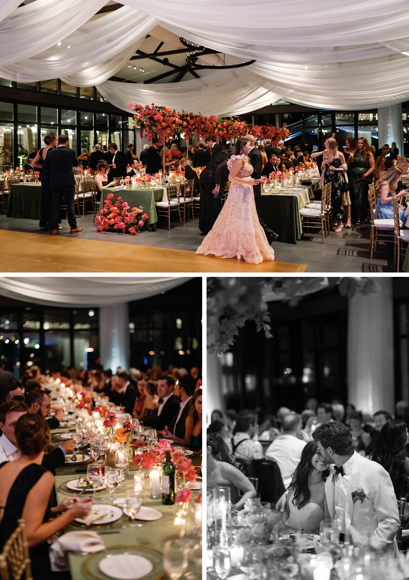 Dramatic floral arrangements with cascading Bougainvillea, garden roses, and lush greenery at a wedding reception at Omni Barton Creek