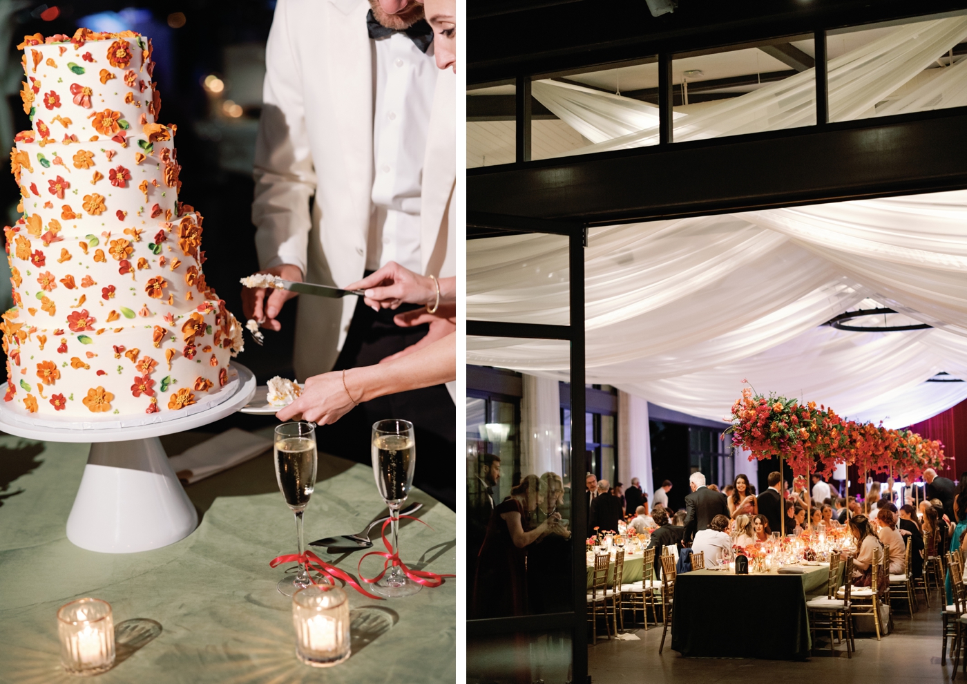 Reception tables set with sage green velvet linens, and soft candlelight. 