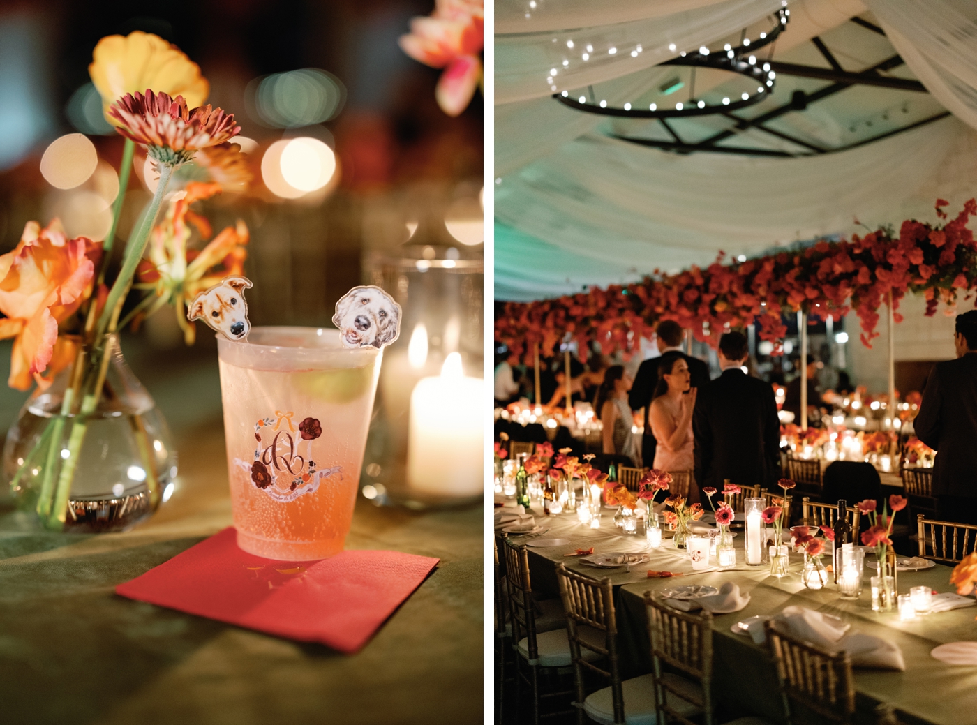 Wedding details of custom drink cups with dog drink stirrers