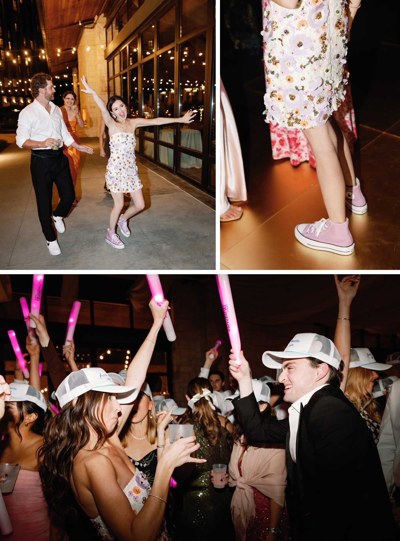 Wedding guests dancing to Manhattan at a wedding in Austin, Texas