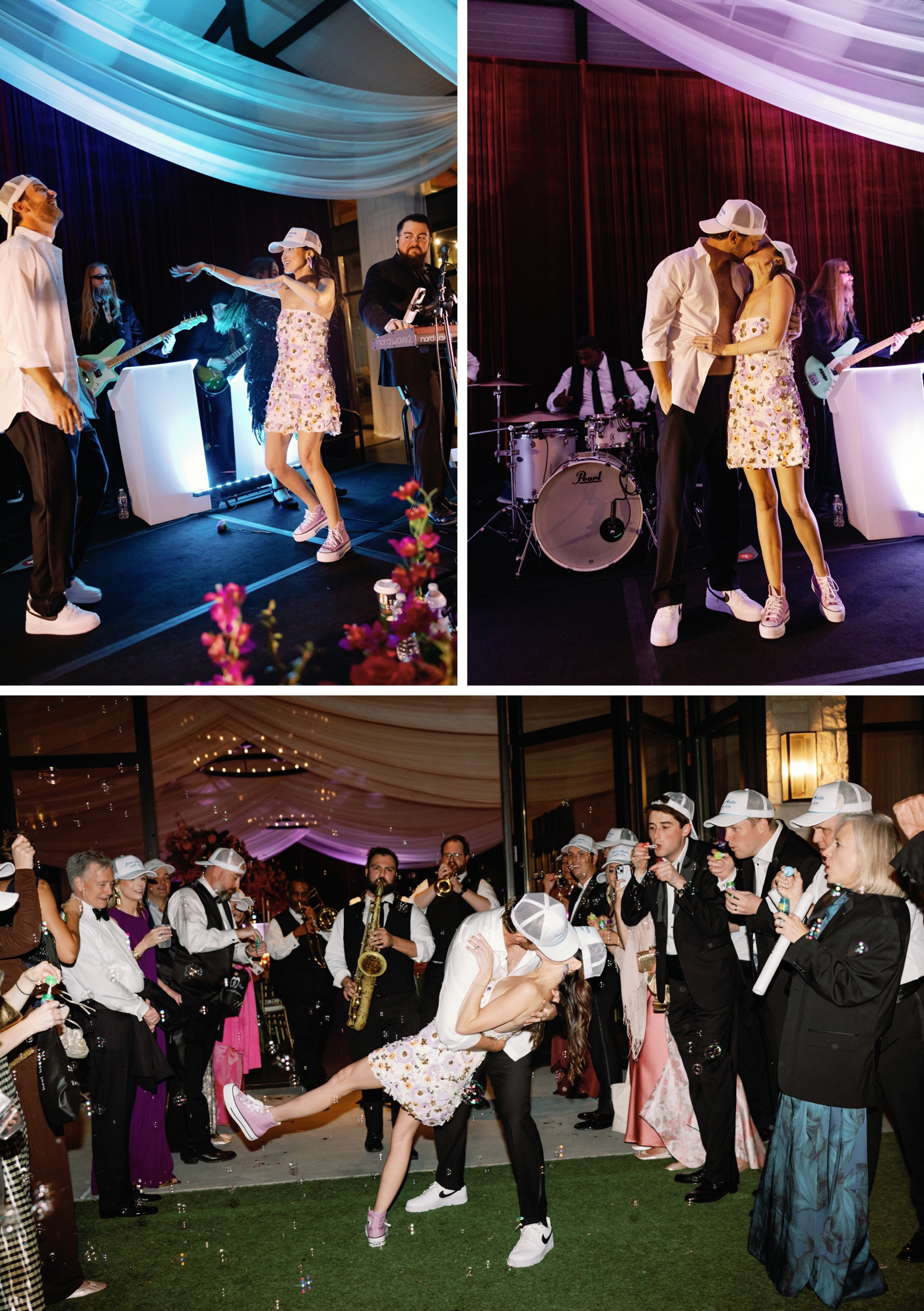 Wedding guests dancing to Manhattan at a wedding in Austin, Texas