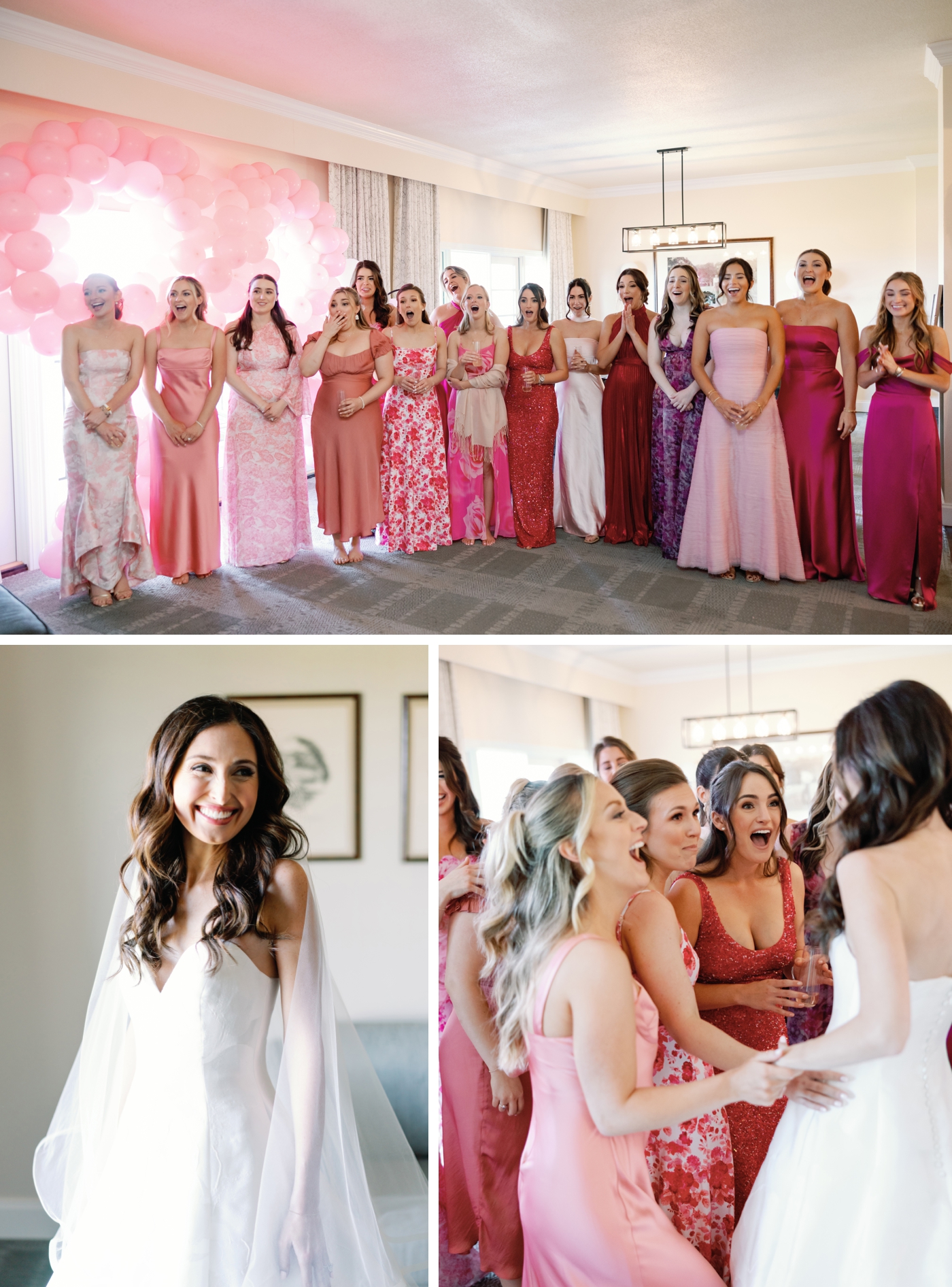 Bridesmaids first look, seeing the bride, wearing mix and match pink and red floral bridesmaids dresses