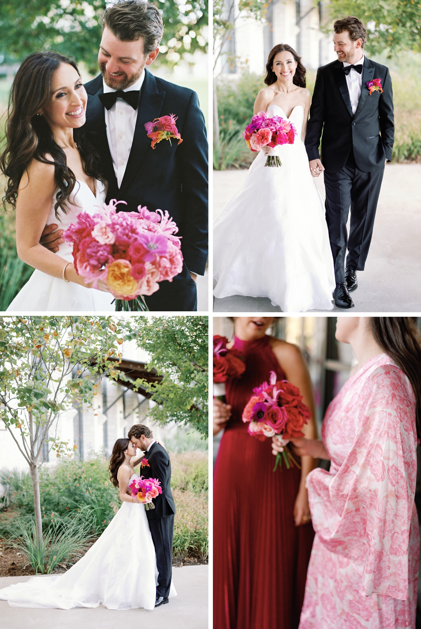 Bride and groom pictures at Omni Barton Creek, bridesmaids in pink gowns, bride holding a bouquet of pink and red flowers