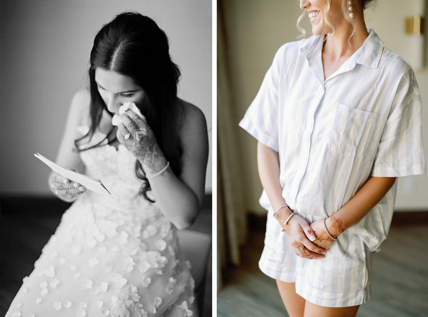 Bride getting ready at The Houstonian, wearing a custom David Peck gown with embroidered florals