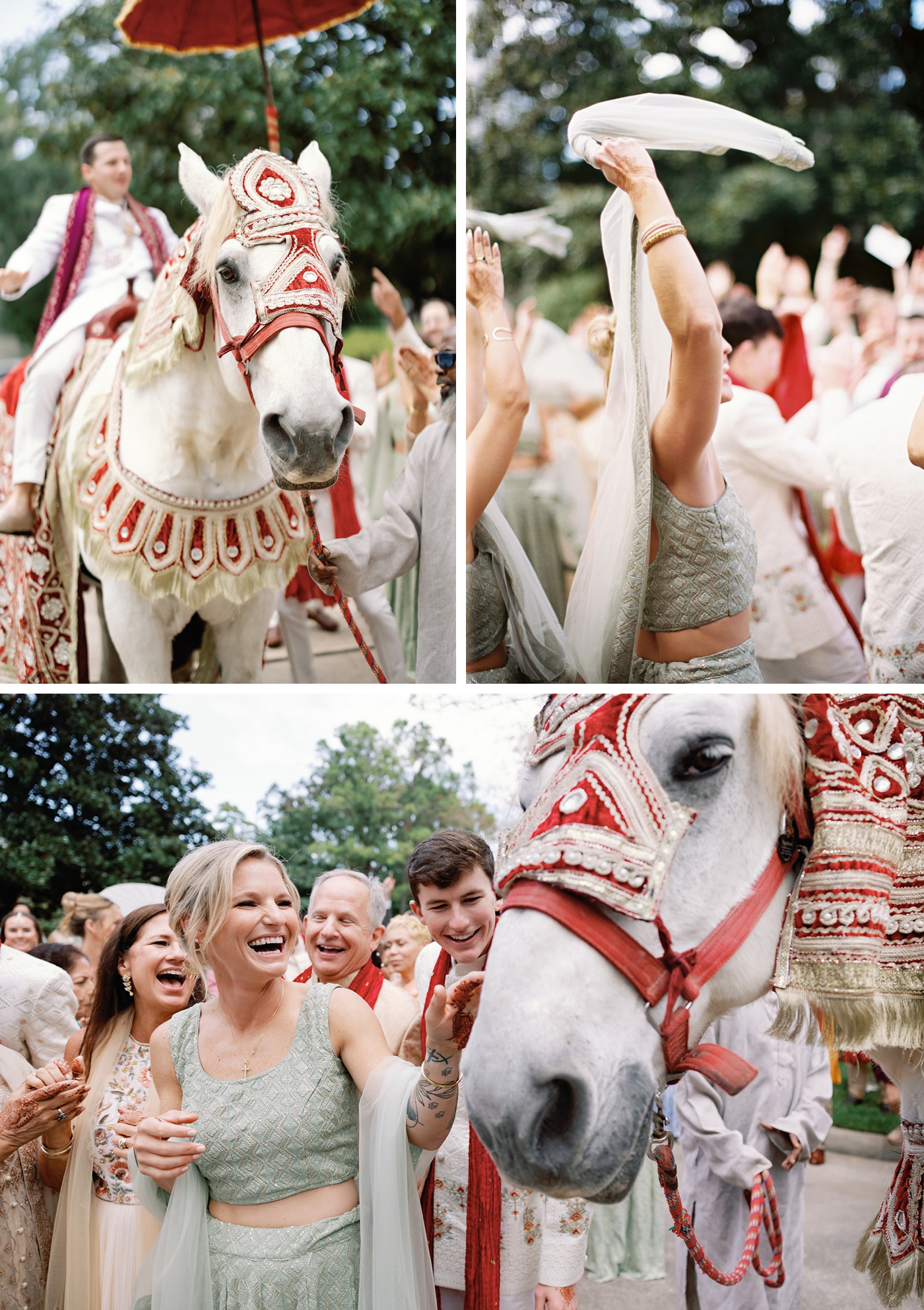 Groom’s baraat procession on horseback during Indian wedding ceremony at Junior League Houston.