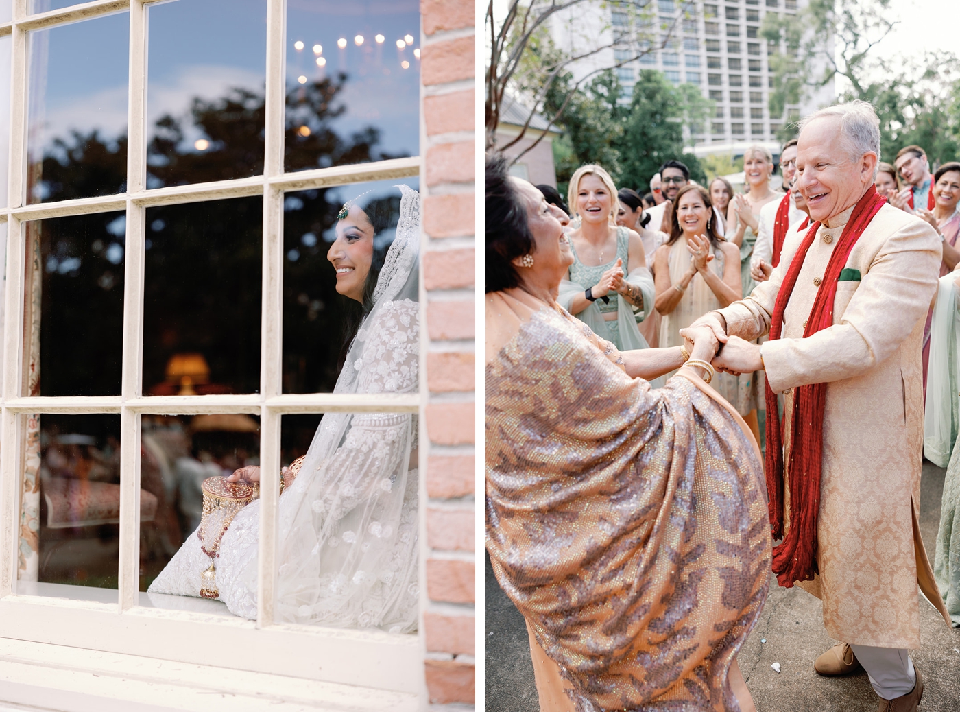 Groom’s baraat procession on horseback during Indian wedding ceremony at Junior League Houston.
