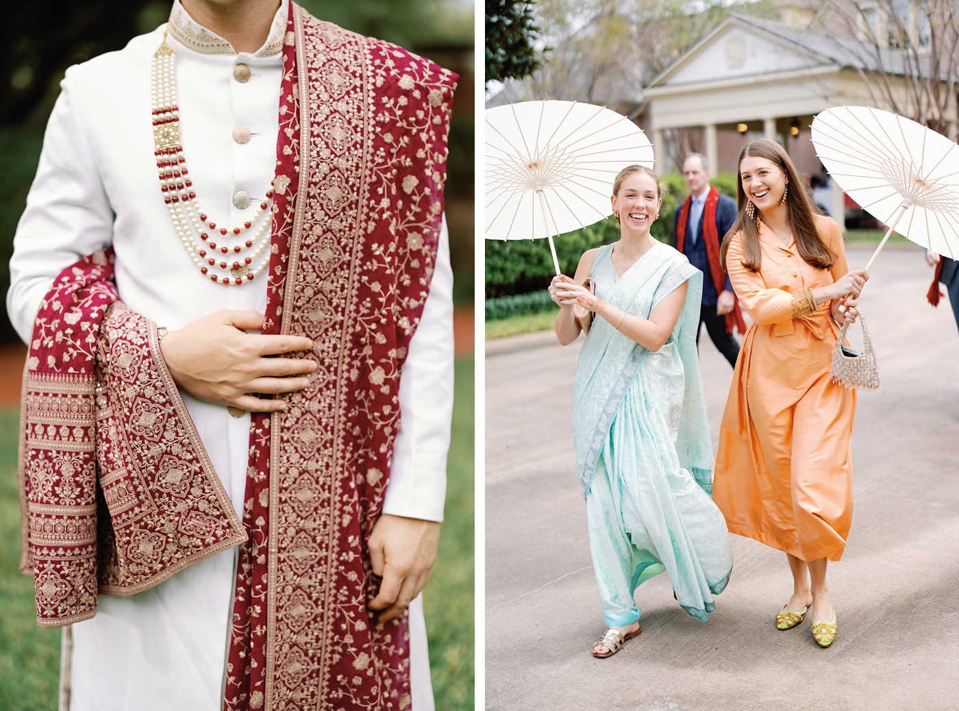 Groom in white sherwani with red embroidered shawl