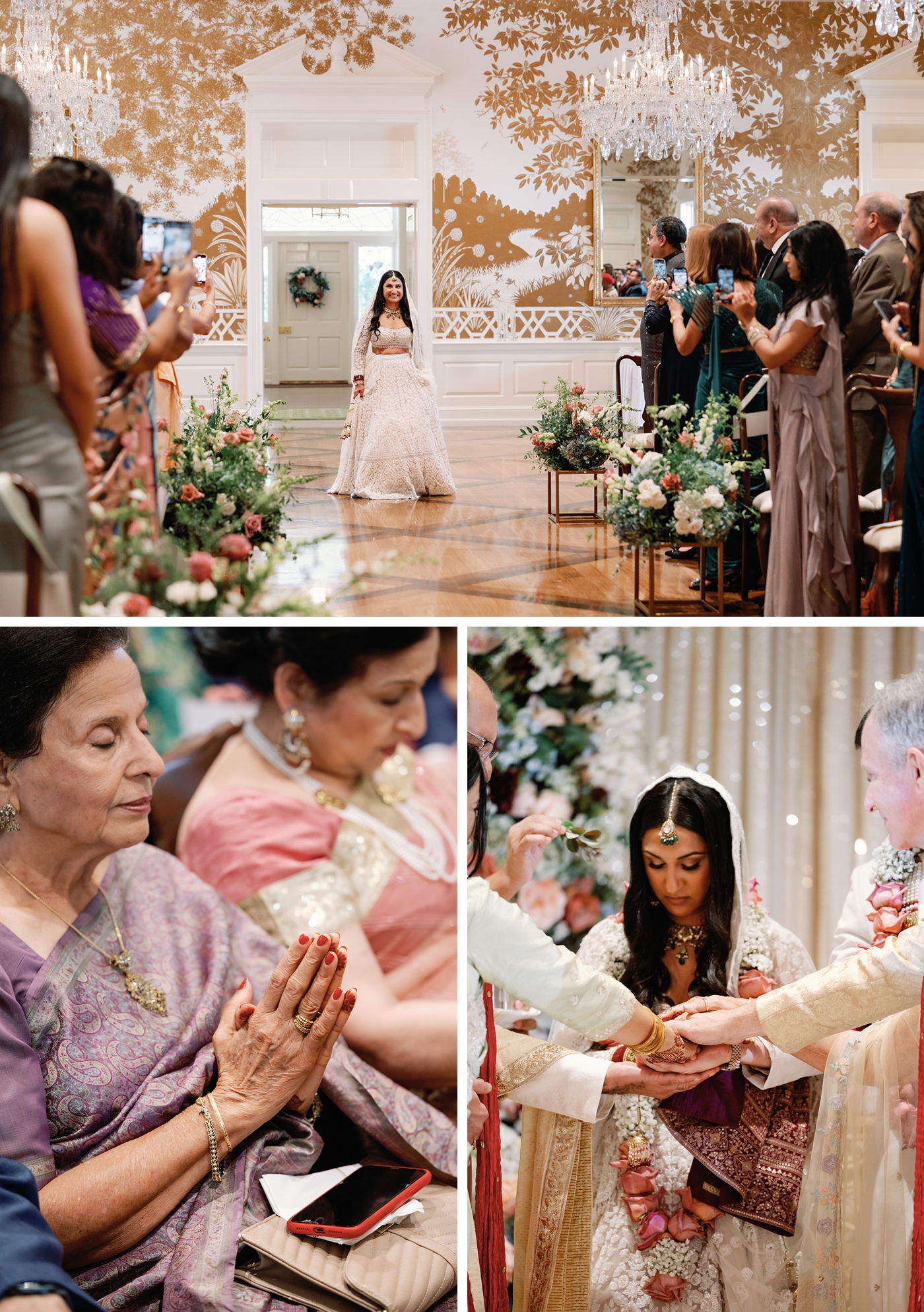 Bride in white beaded lehenga with emerald jewelry during Hindu wedding ceremony