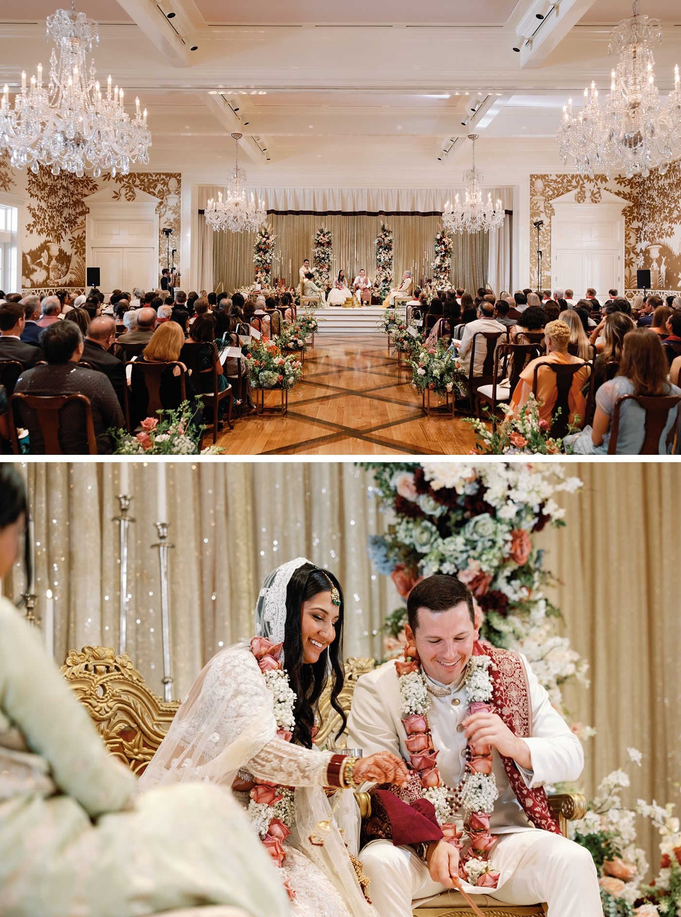 Hindu wedding ceremony at Junior League, surrounded by colorful flowers
