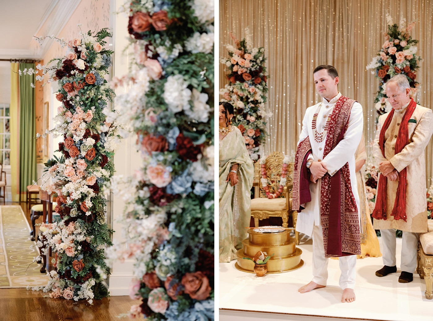 Hindu wedding ceremony at Junior League, surrounded by colorful flowers