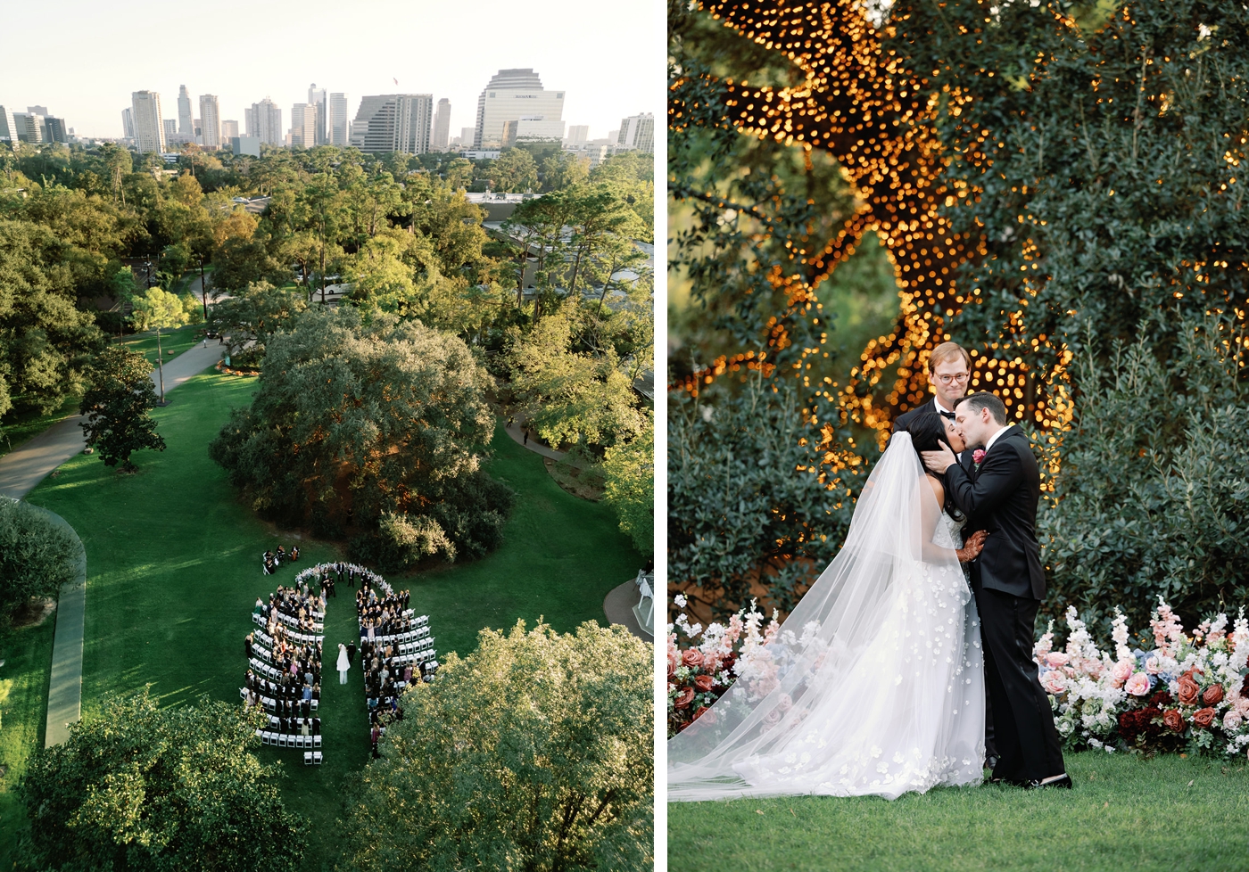 Bride and groom at Christian ceremony under Texas live oak tree at The Houstonian.