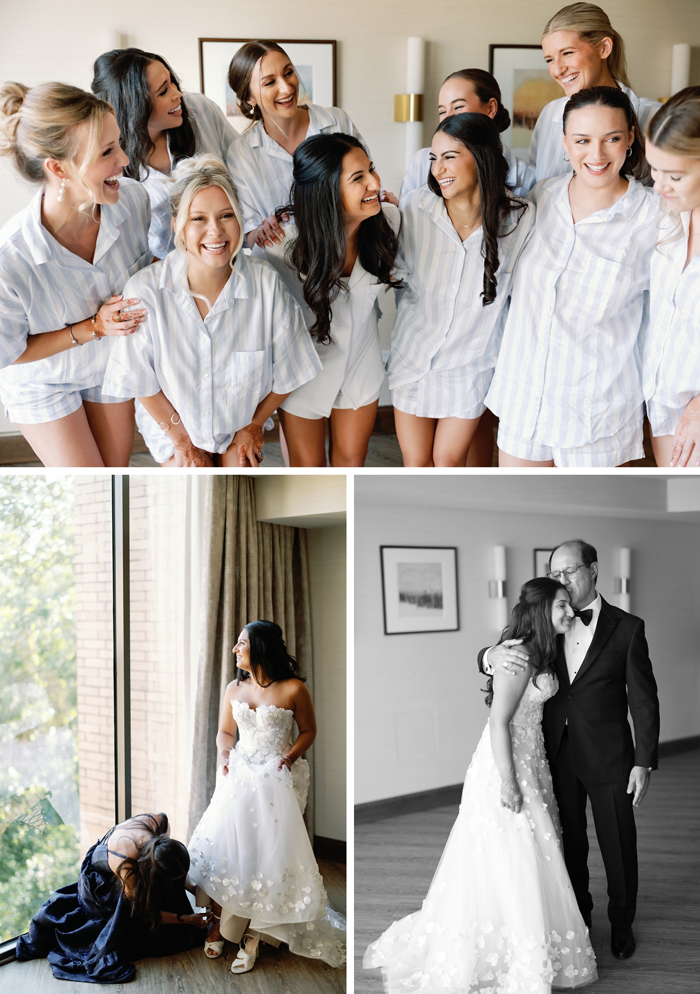 Bride and bridesmaids getting ready at The Houstonian in Houston, with the bride in a custom David Peck gown