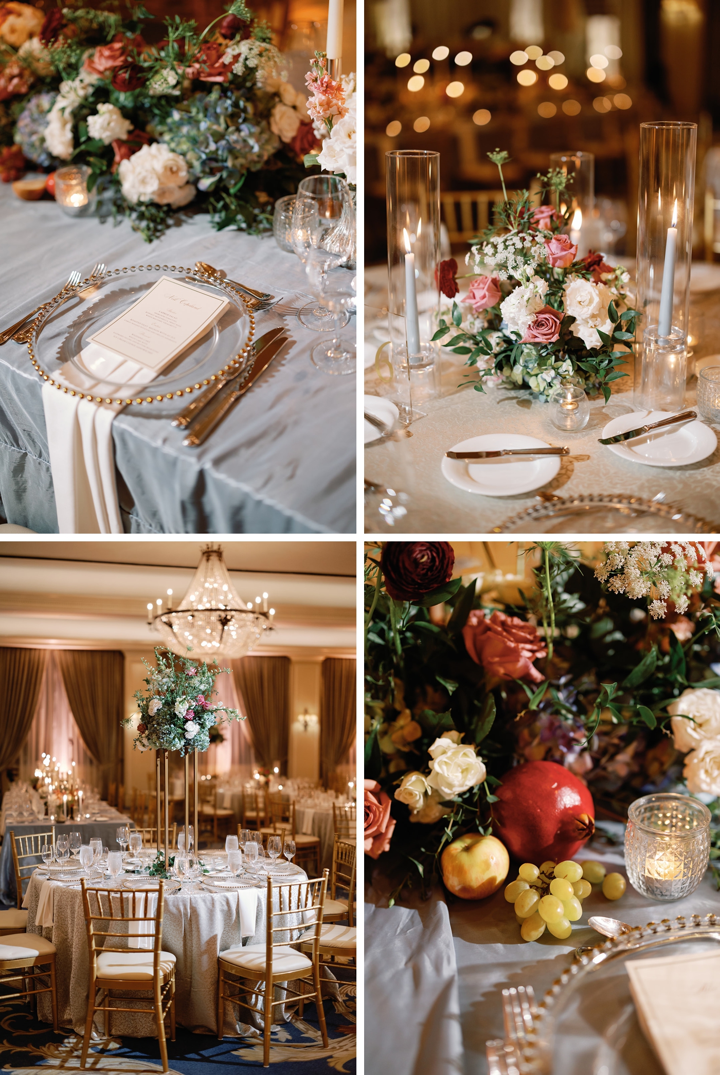 Reception decor with glow of crystal chandeliers, dark green florals, and candlelight in Houstonian ballroom