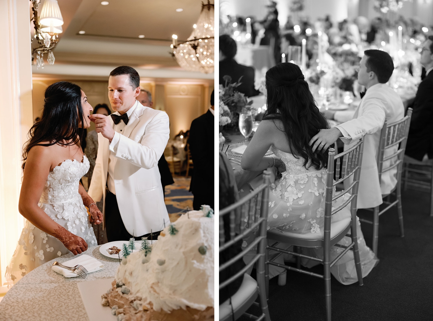 Reception decor with glow of crystal chandeliers, dark green florals, and candlelight in Houstonian ballroom