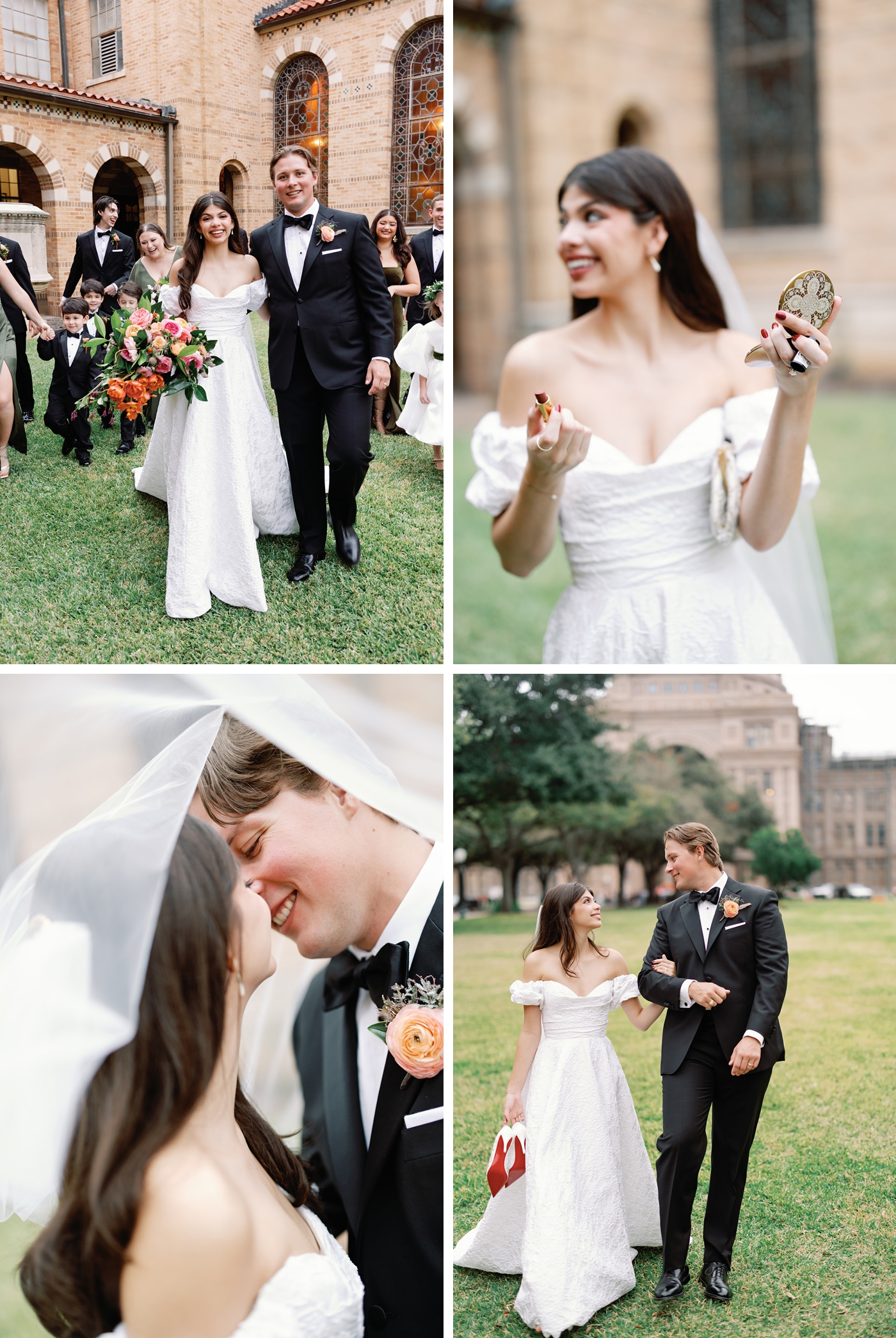 Post wedding pictures outside of Central Christian Church in Austin, with the bride in an off the shoulder gown