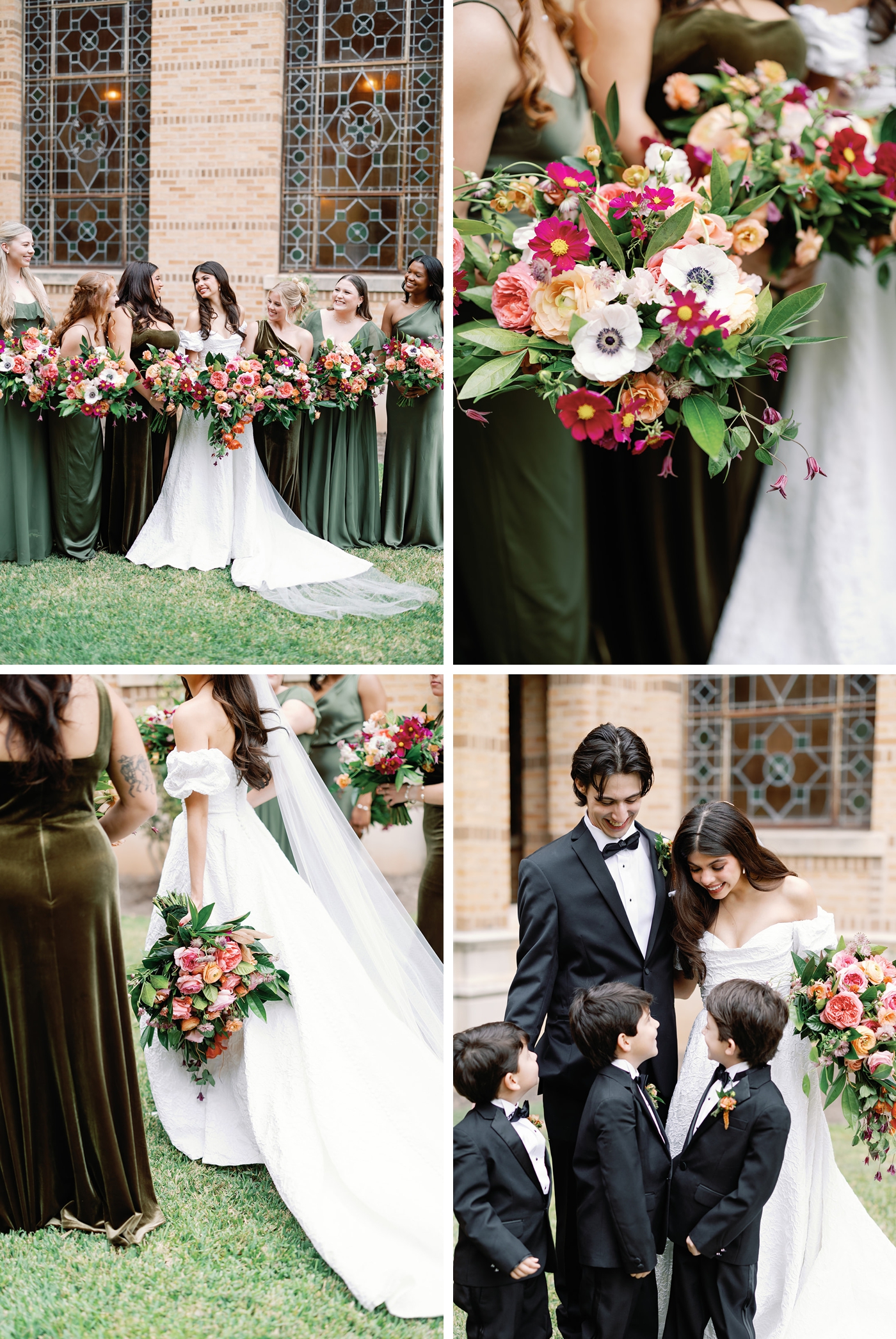 Bridesmaids in green gowns holding vibrant bouquets of peonies, ranunculus, sweet peas, and tulips.