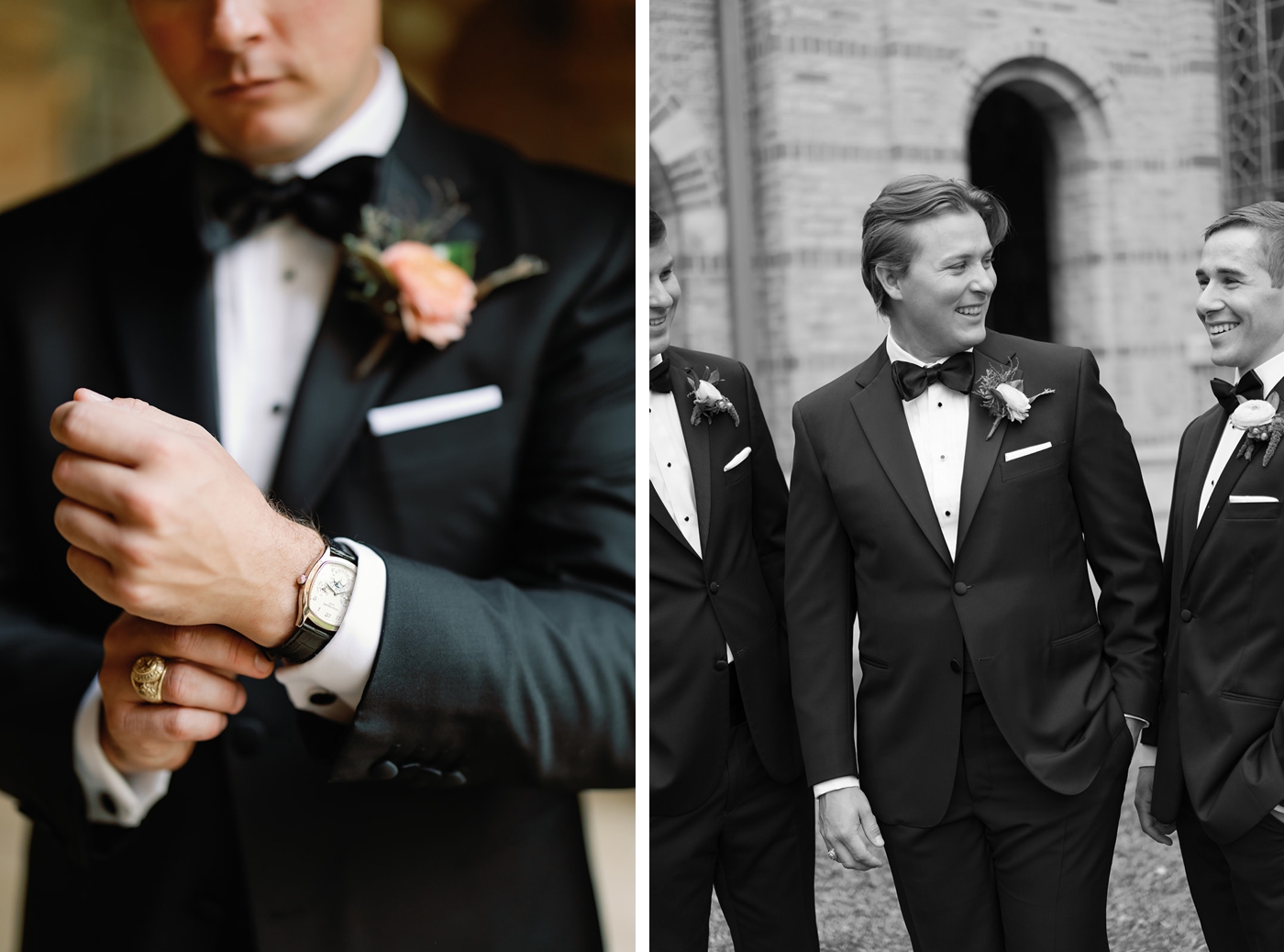 Bridal portraits at Central Christian Church, groom in a classic black tuxedo