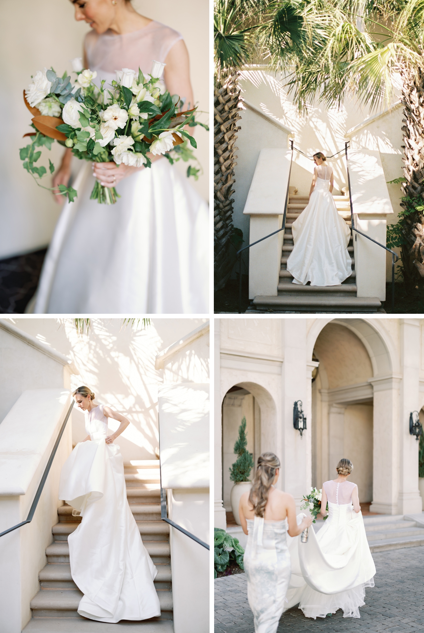 Classic bridal portraits at Commodore Perry Estate, the bride in organza overlay gown with lace appliqués, holding white and greenery bouquet with butterfly ranunculus and garden roses.