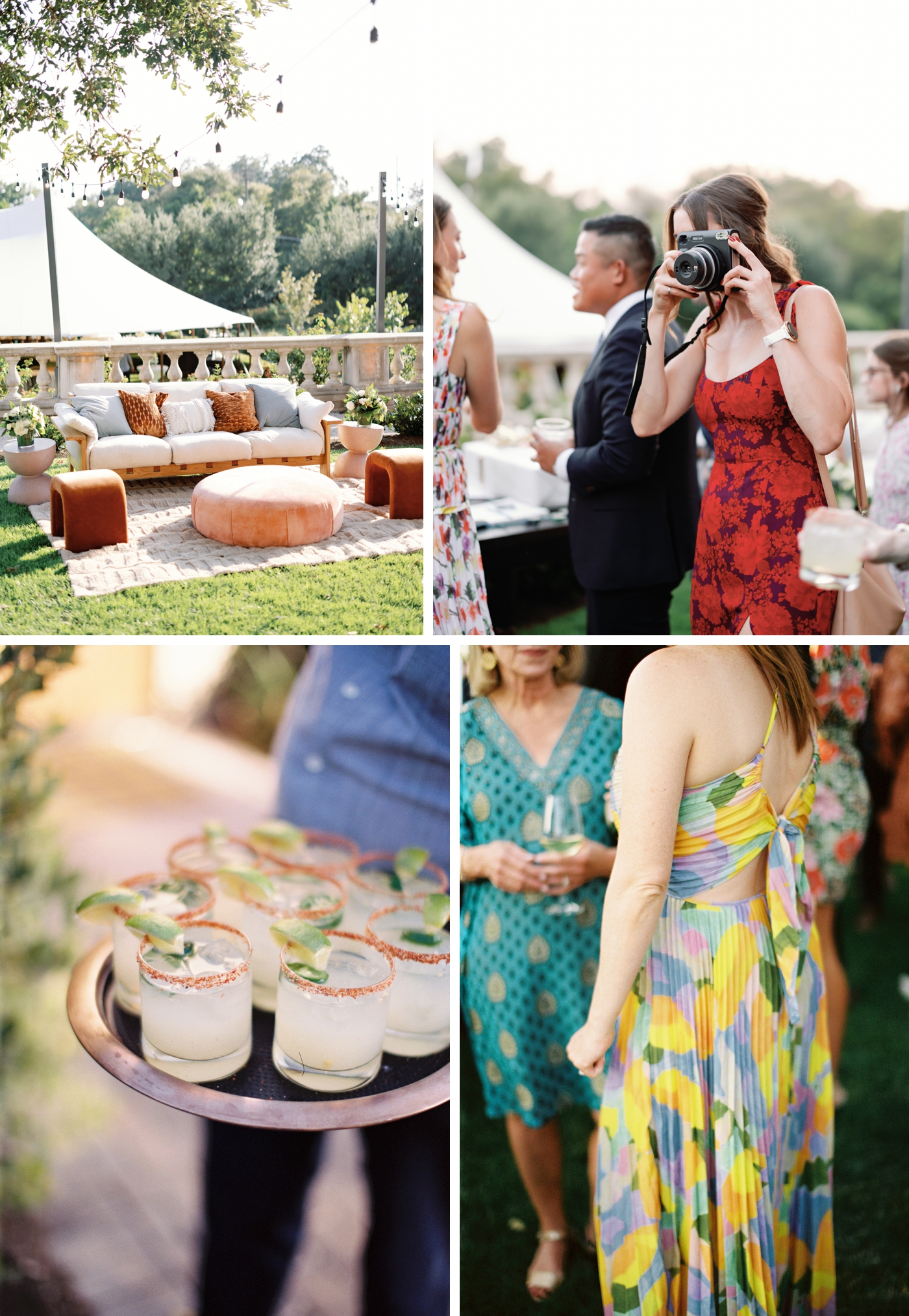 Cocktail hour on the Chapel Terrace at Commodore Perry Estate with guests mingling against the mansion backdrop.