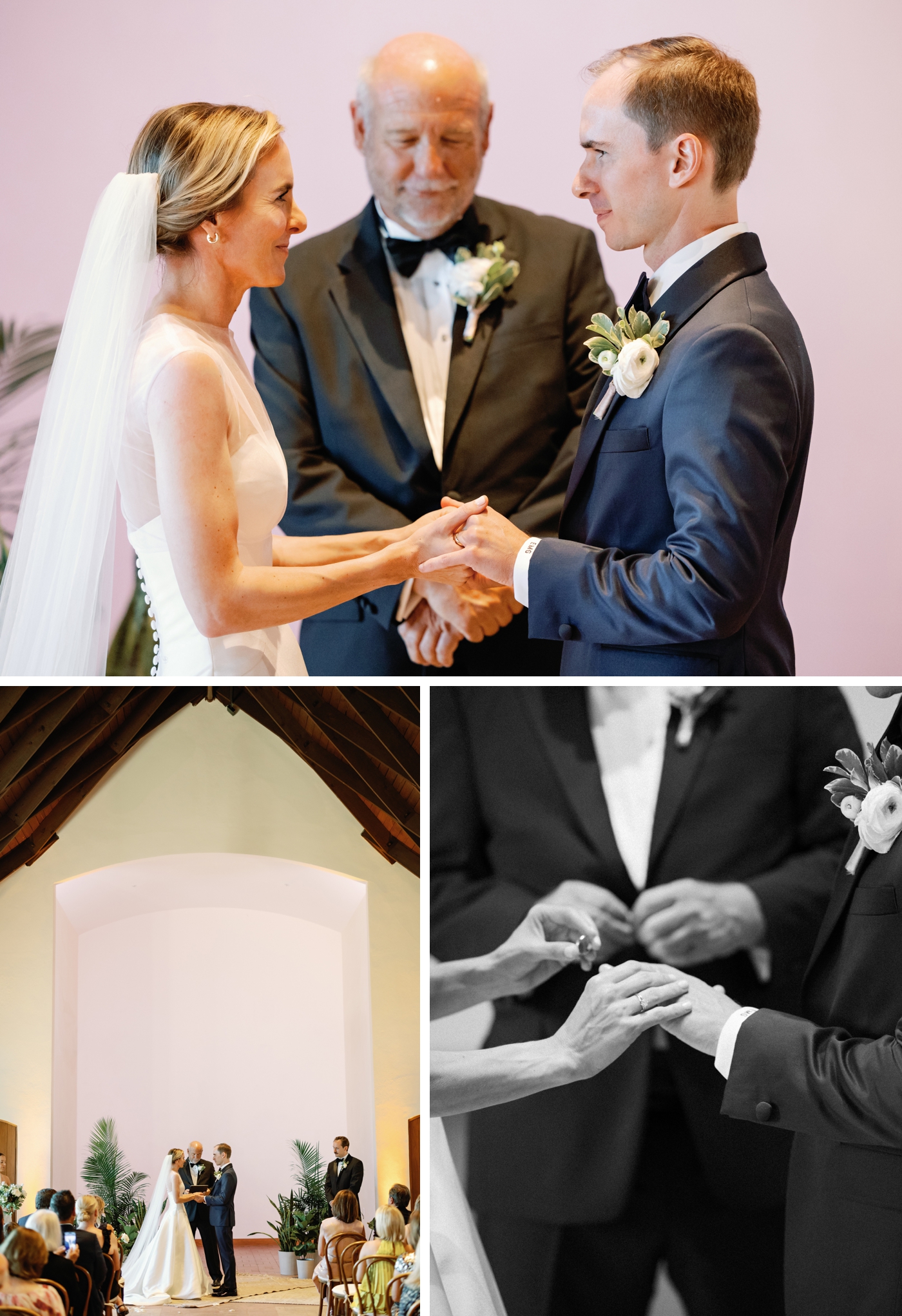 Ceremony inside Commodore Perry Estate Chapel with vaulted ceilings, stained glass windows, and white and greenery floral arrangements.