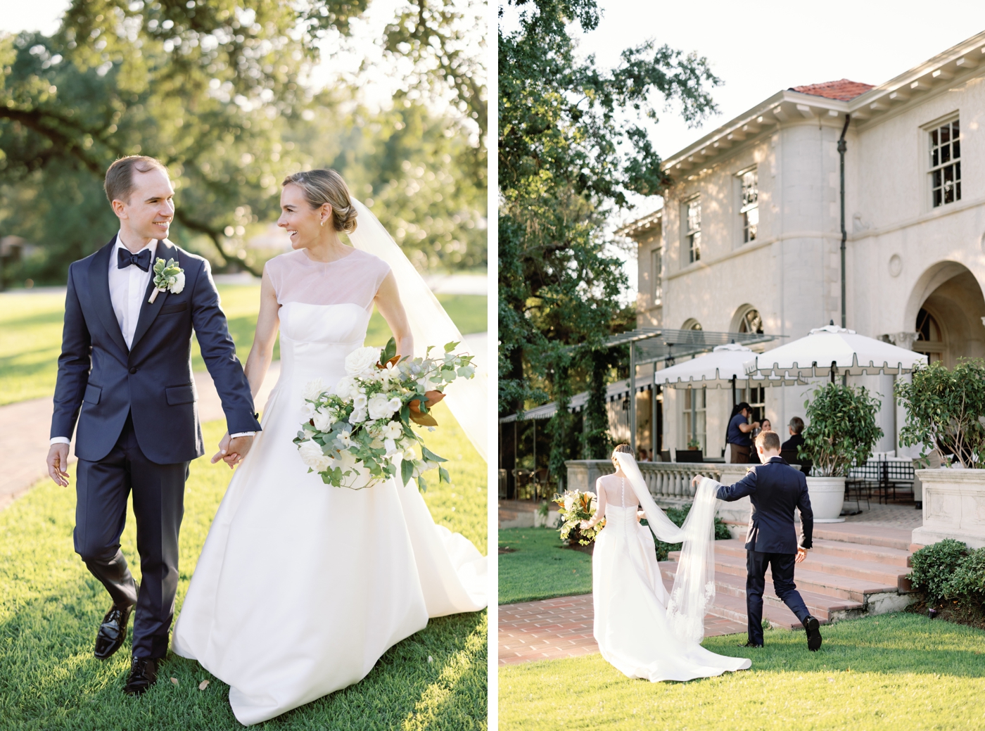 Golden hour bride and groom pictures on the lawn of Commodore Perry Estate in Austin, Texas