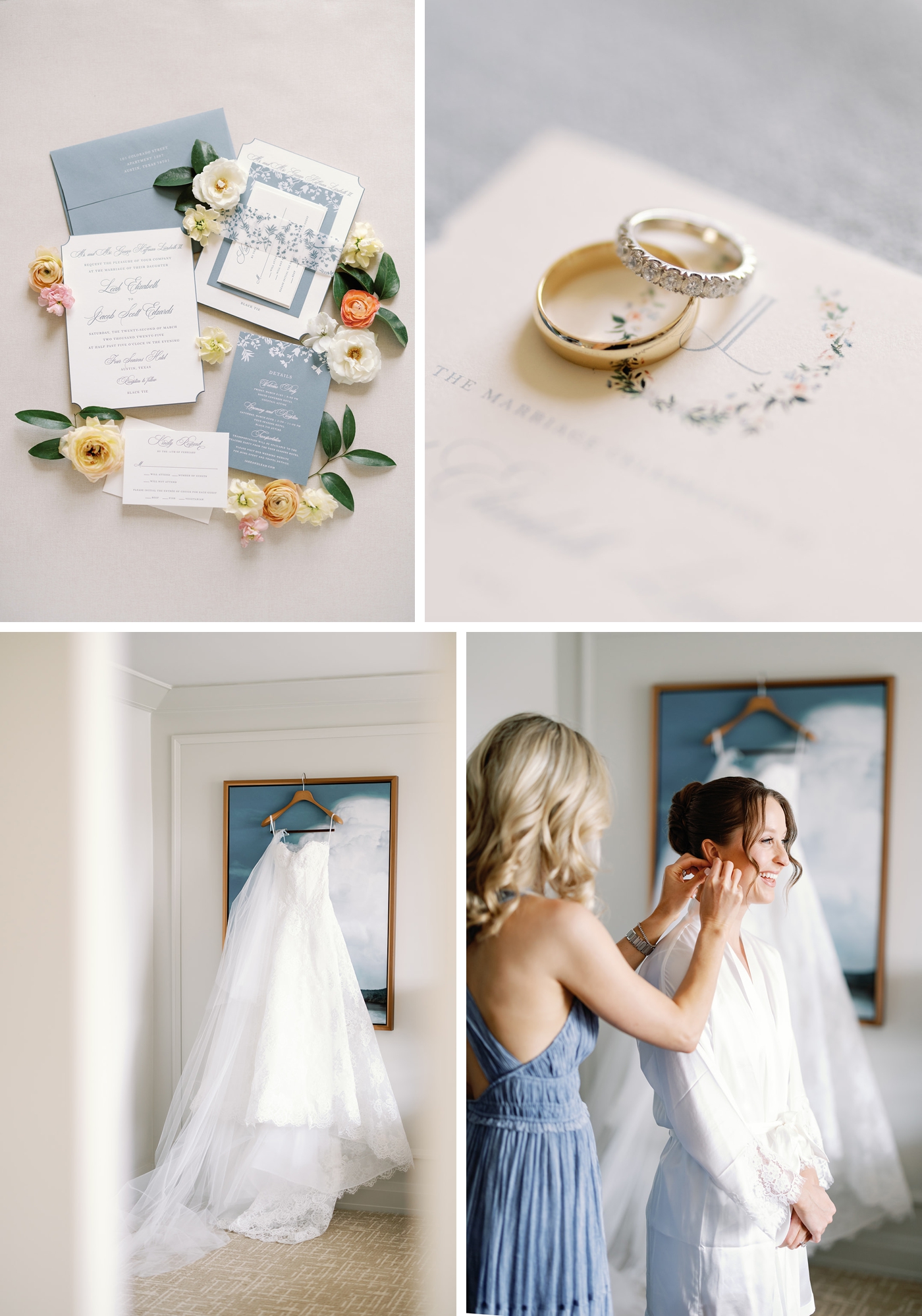 Blue and white classic wedding, with blue calligraphy wedding invitations and a Monique Lhuillier Fleur de Lis gown
