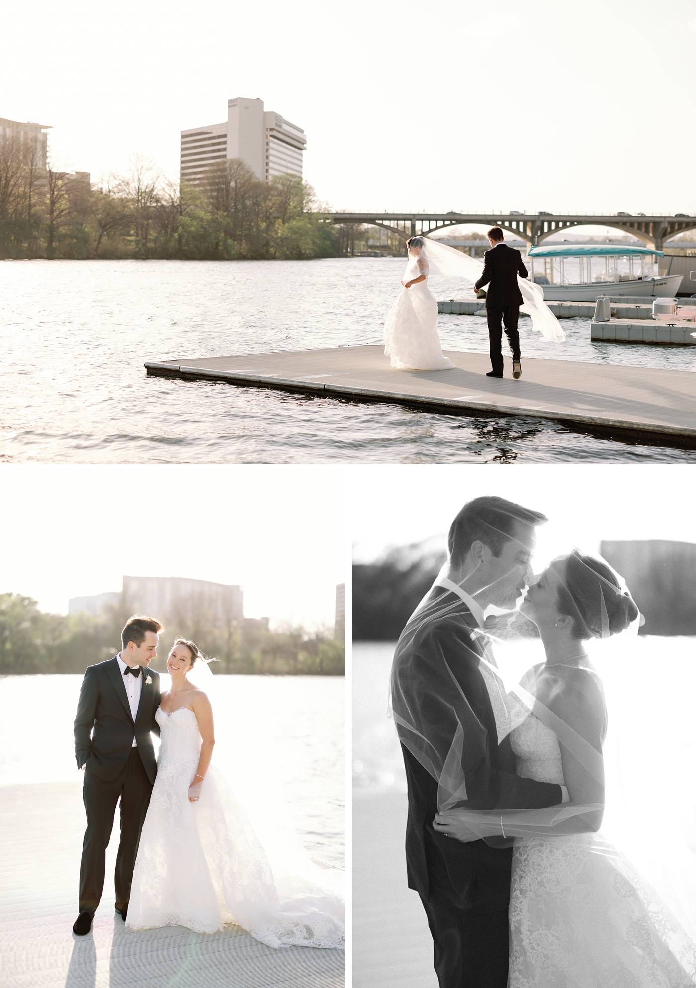 Golden hour pictures of a bride and groom on the docks by Four Seasons Austin in downtown Austin, on Ladybird Lake