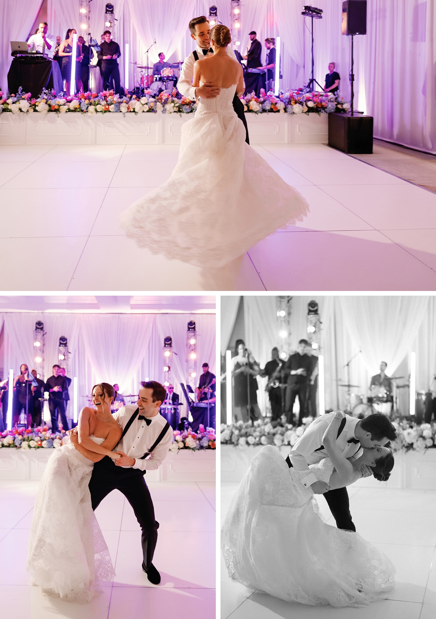 First dance inside the ballroom at Four Seasons Austin, with a nine-piece band in the background
