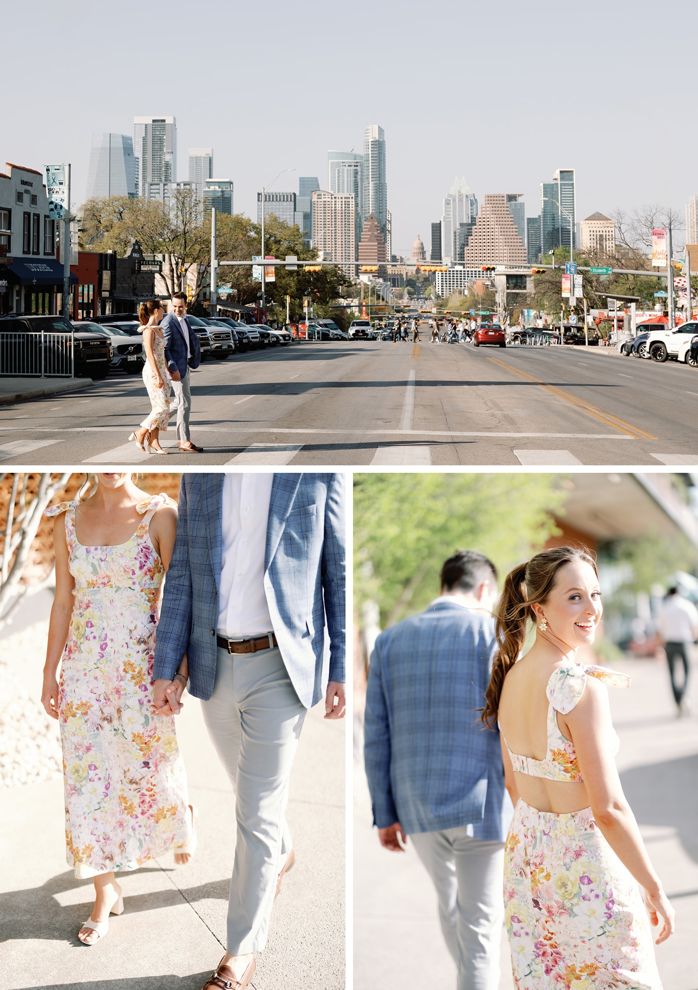 Bride and groom wedding pictures on South Congress, with downtown Austin in the background