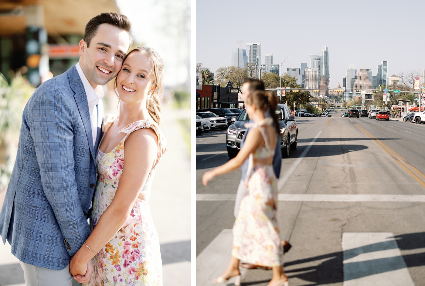 Bride and groom wedding pictures on South Congress, with downtown Austin in the background