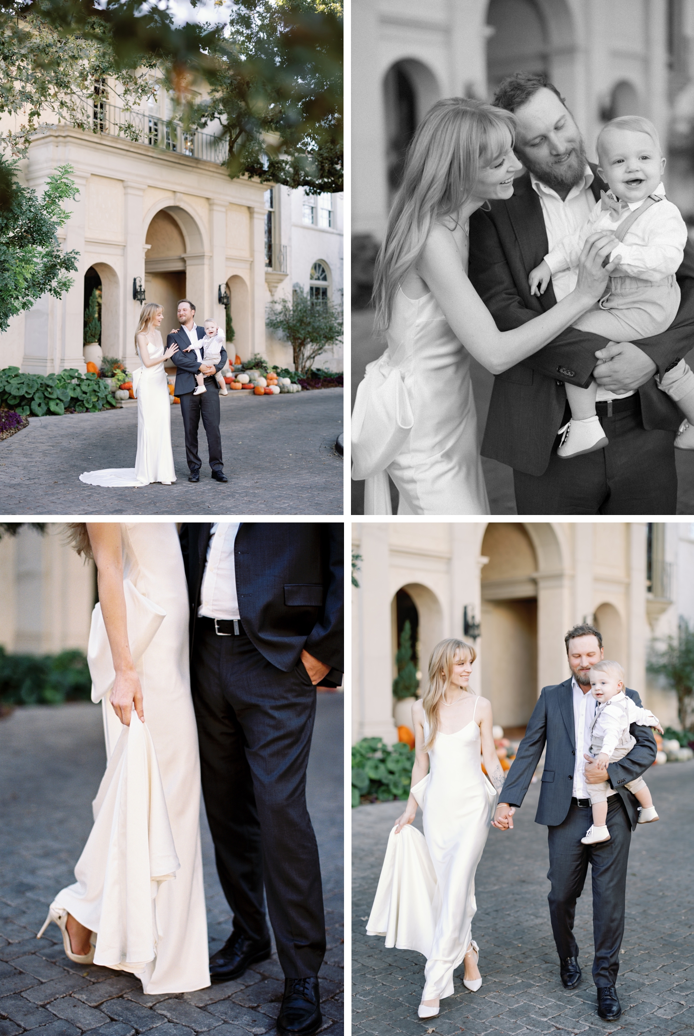 Bride in satin Halfpenny London gown with low back and bow walking with fiancé through garden at Commodore Perry Estate in Austin for their engagement session