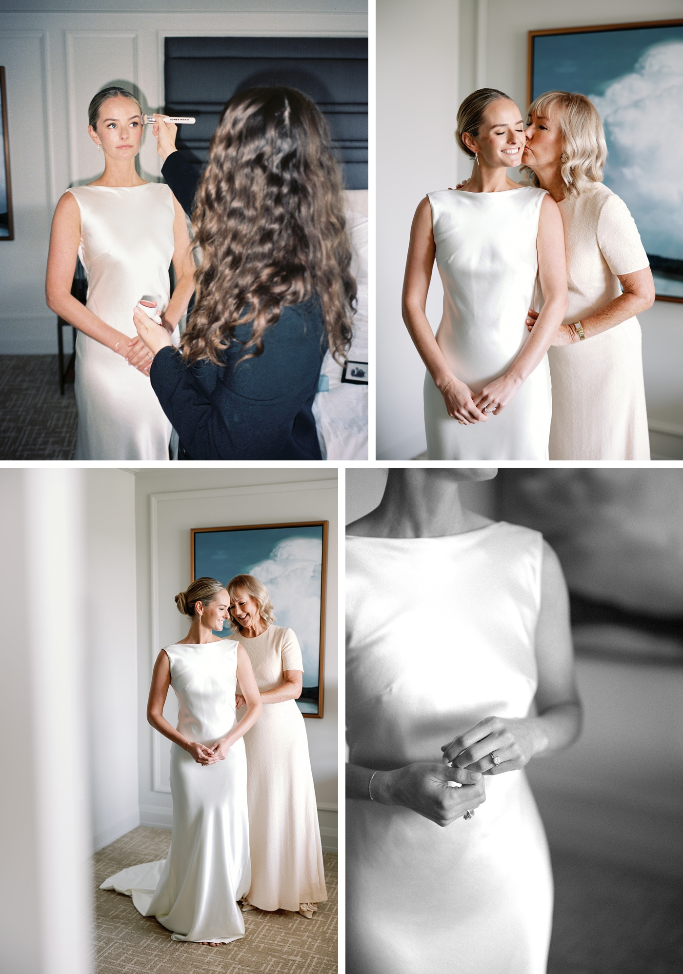 Bride getting ready in a suite at Four Seasons Austin, wearing the Danielle Frankel Charlie gown, the bride next to her mom