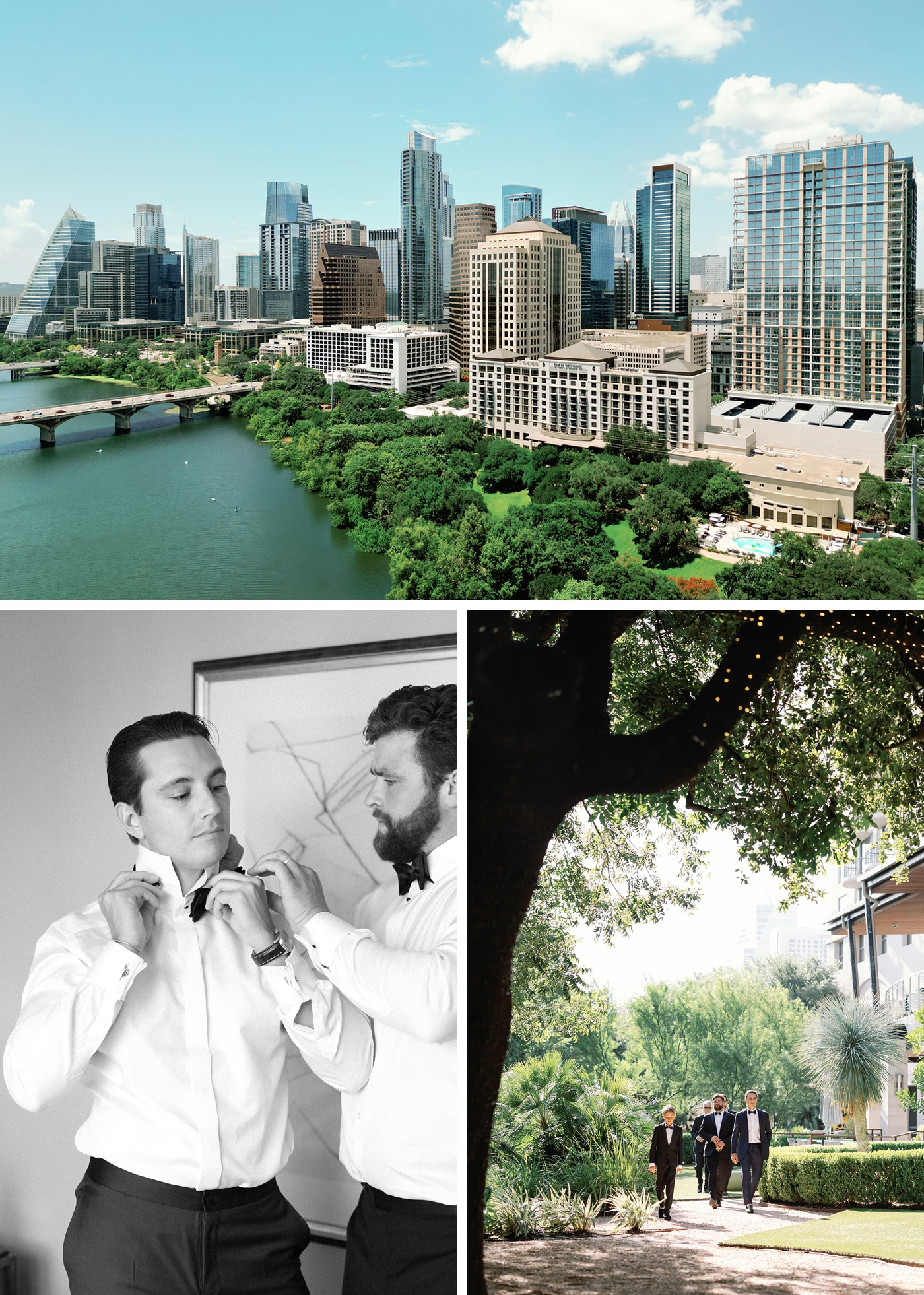 View of downtown Austin, Texas next to the groom getting ready for his wedding