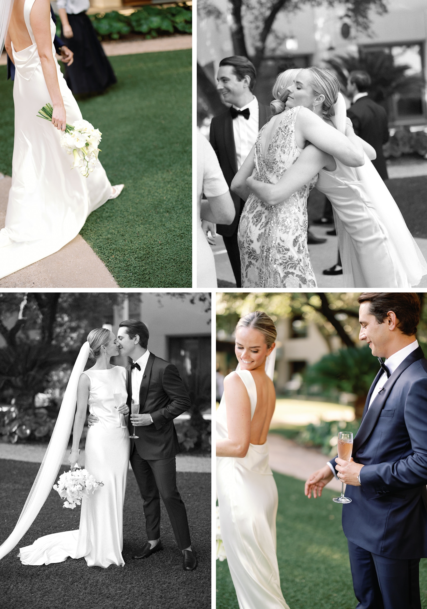 Post wedding ceremony pictures of the bride and groom in Austin, Texas, the groom admiring the brides satin gown by Danielle Frankel