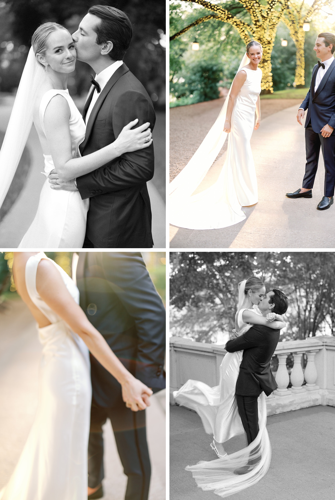 Golden hour bride and groom pictures in downtown Austin at the Four Seasons, groom in a navy suit, bride in a satin gown by Danielle Frankel