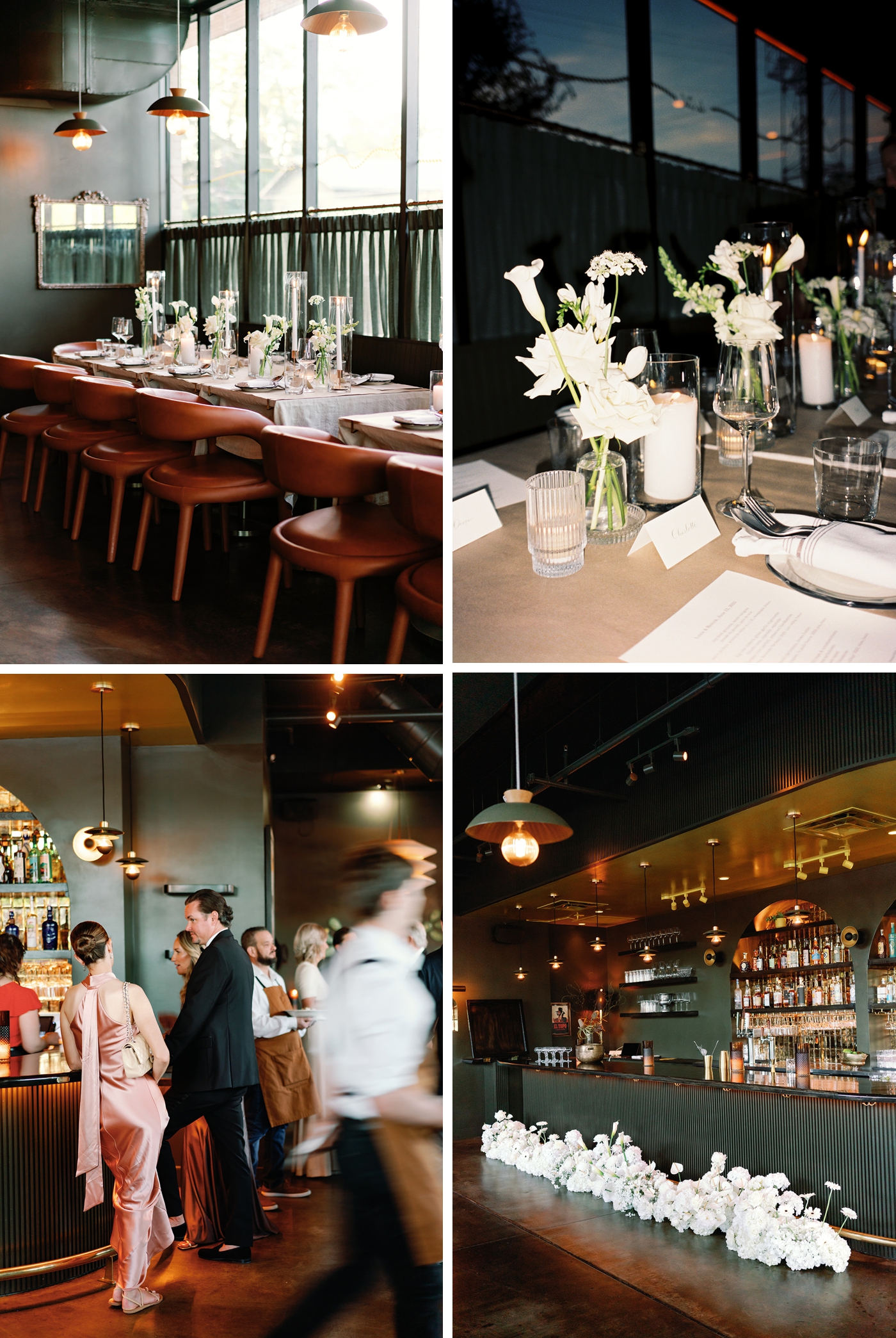 Private dinner reception at Le Calamar with all-white florals and candlelight.