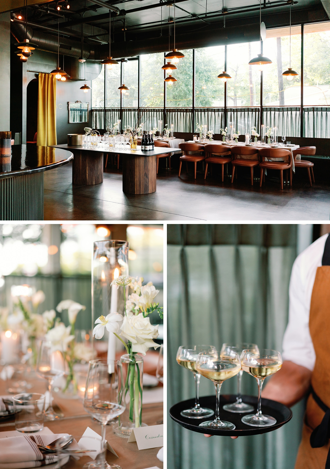 Private dinner reception at Le Calamar with all-white florals and candlelight.