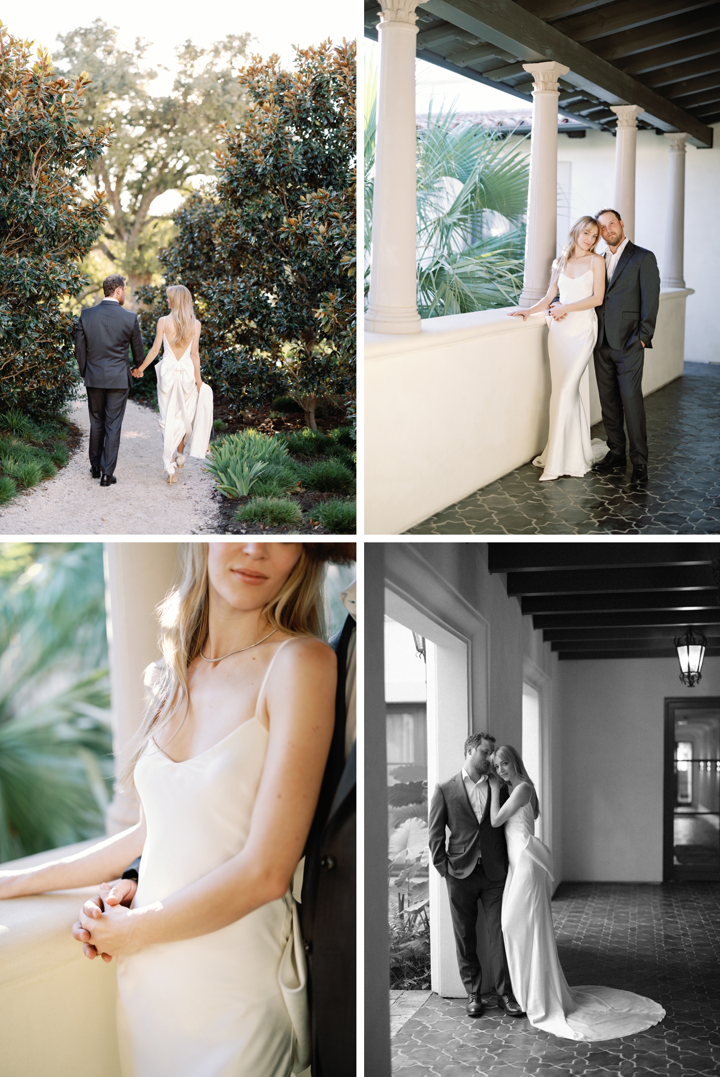 Downtown Austin engagement session in a garden, with the bride in a Halfpenny London Gown