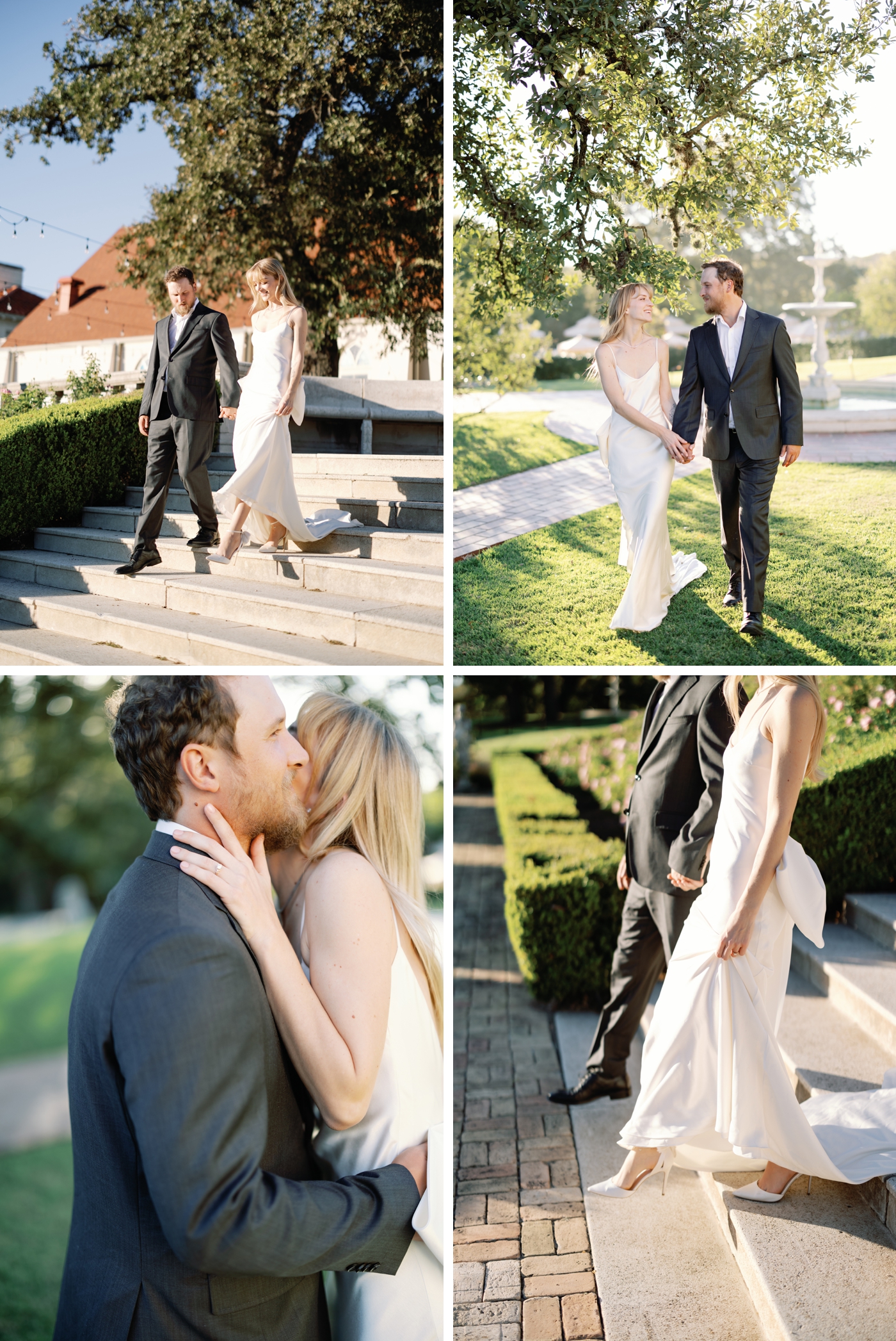 Downtown Austin engagement session in a garden, with the bride in a Halfpenny London Gown