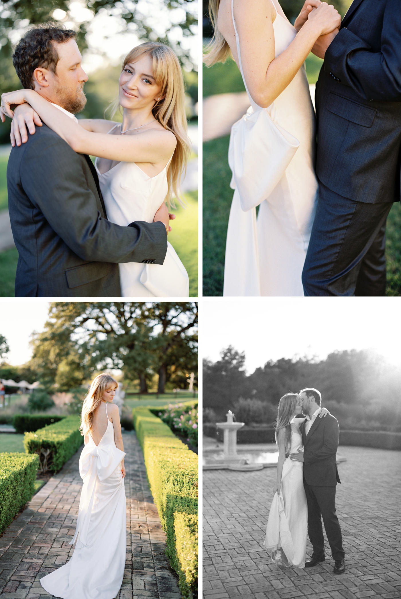 Downtown Austin engagement session in a garden, with the bride in a Halfpenny London Gown