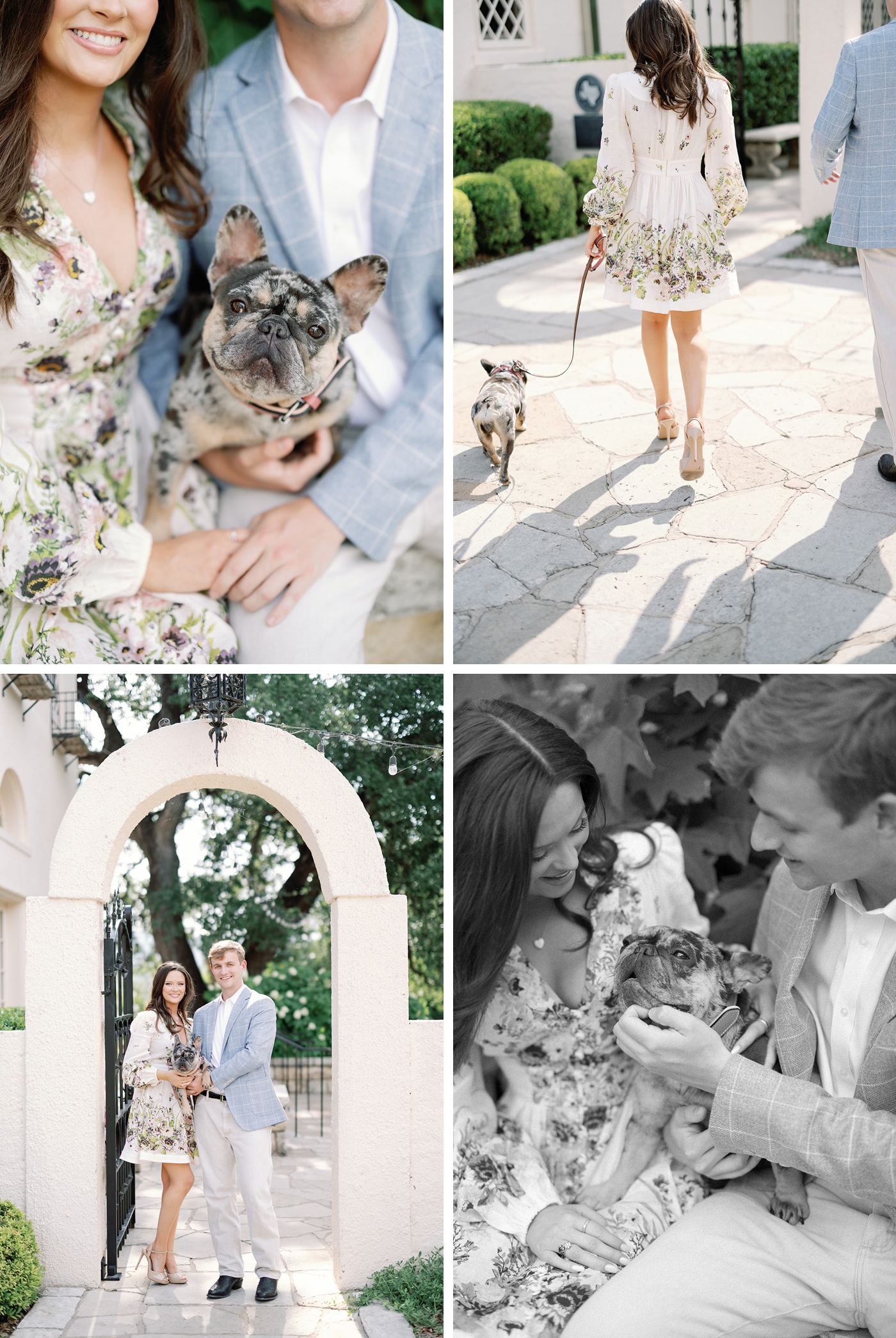 Couple holding their dog Winnie during romantic engagement session in Austin, Texas at Laguna Gloria