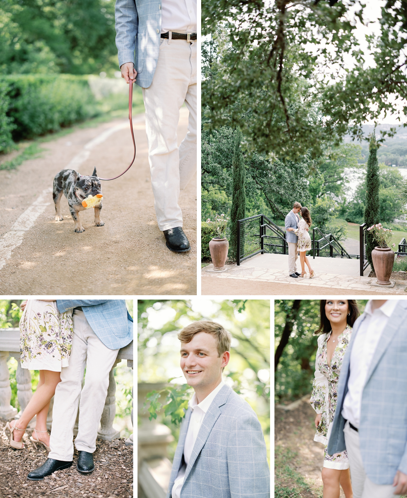 Couple walking together during engagement session at Laguna Gloria overlooking the Colorado River, with their French Bulldog