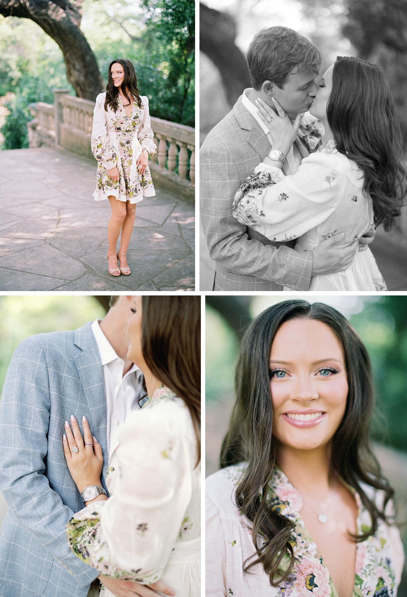 Engagement portraits at Laguna Gloria with Italian-style architecture and river views.