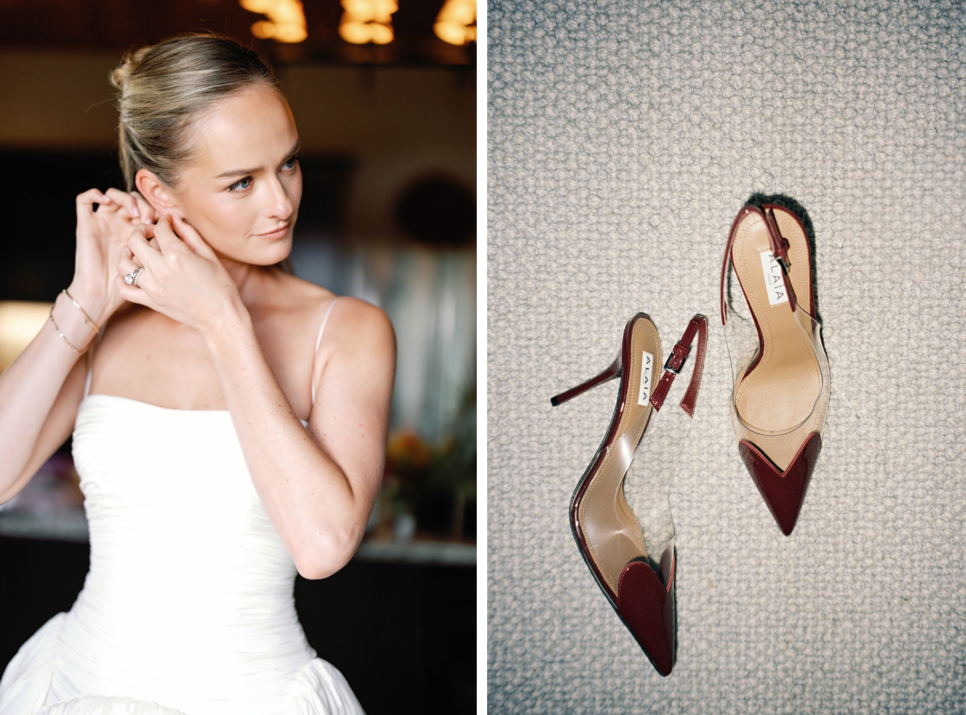 Bride getting ready for her destination wedding, wearing the Drew Gown by Danielle Frankel 