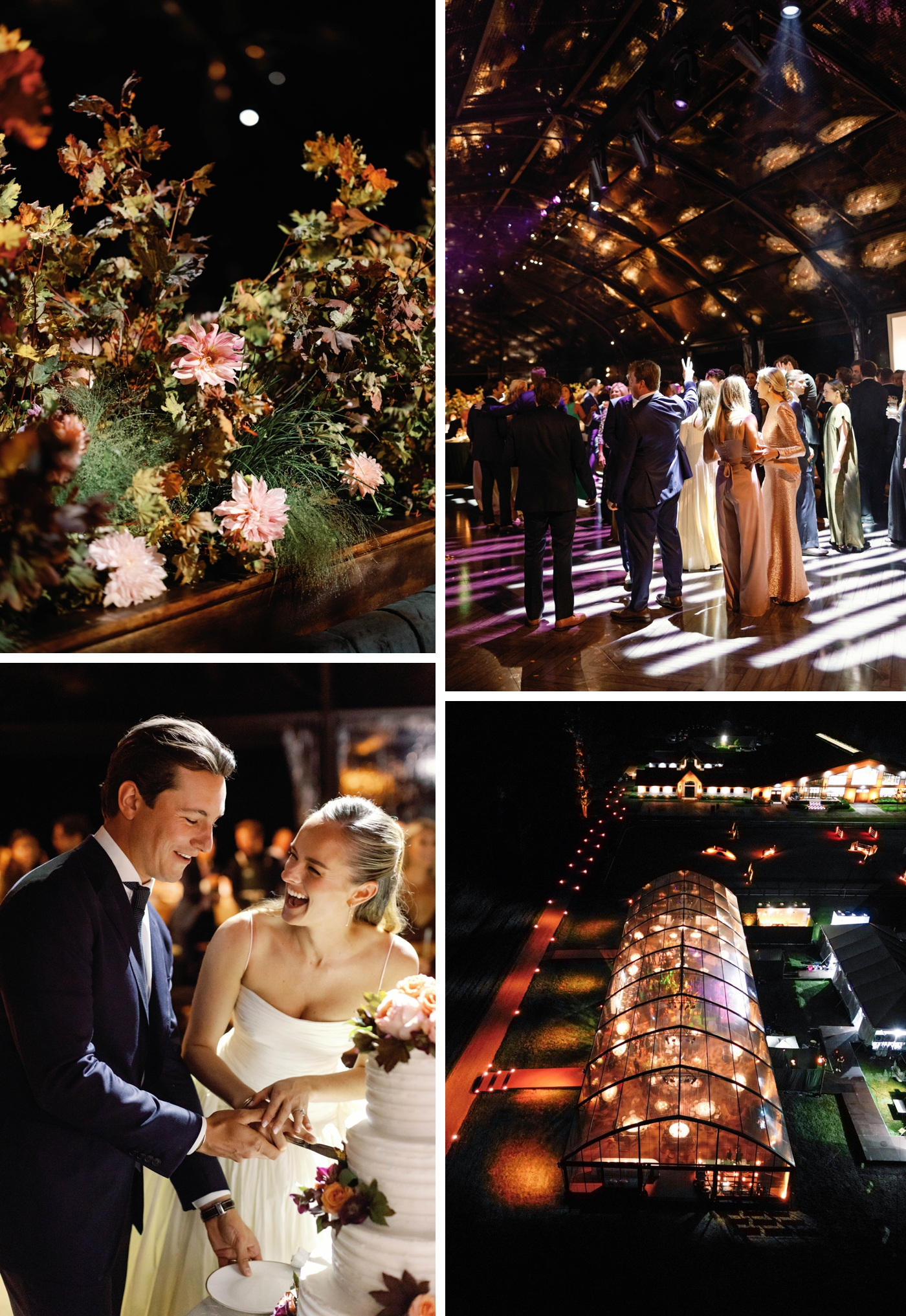 Evening photos of a wedding reception, with the bride and groom cutting a cake, and the venue all lit up