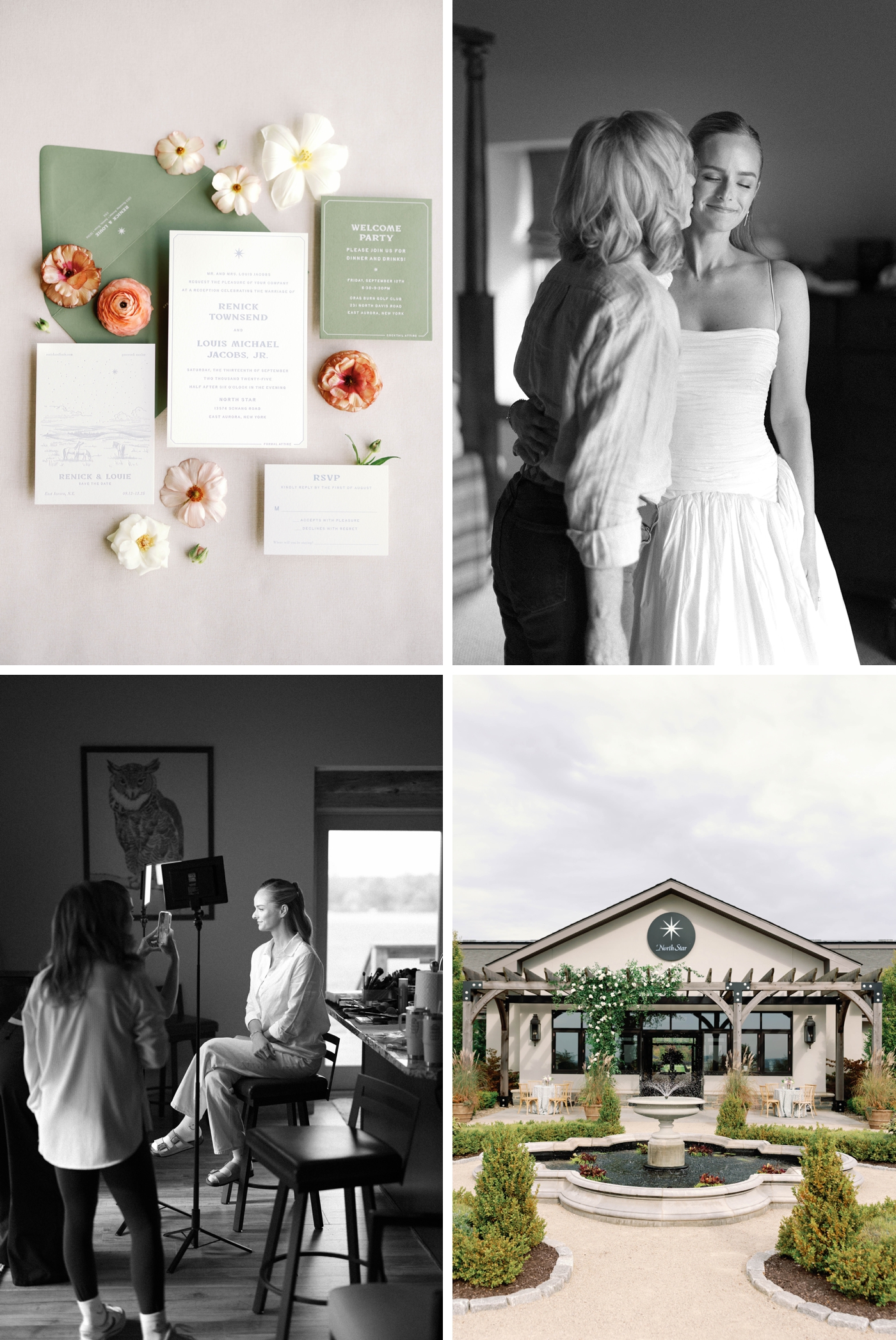 Bride getting ready for her destination wedding in Buffalo NY, wearing the Drew Gown by Danielle Frankel, next to a flatlay of wedding invitations