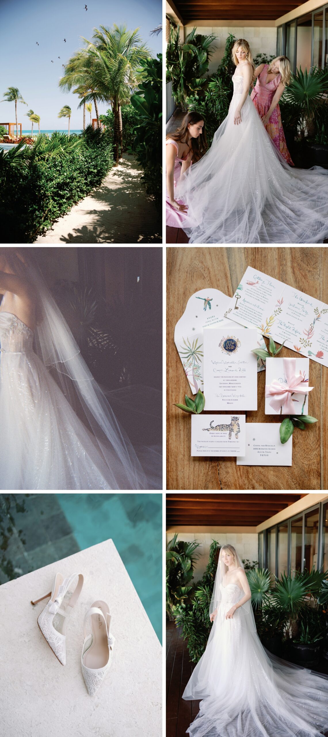 Bride in Liz Martinez wedding gown walking through tropical gardens at Rosewood Mayakoba